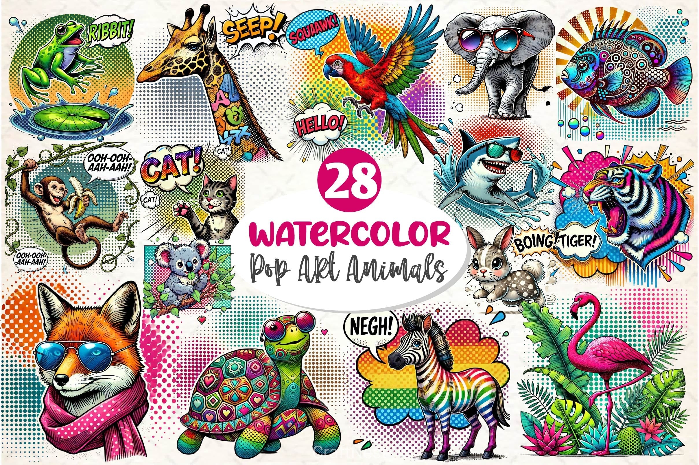 Pop Art Animals Clipart Bundle