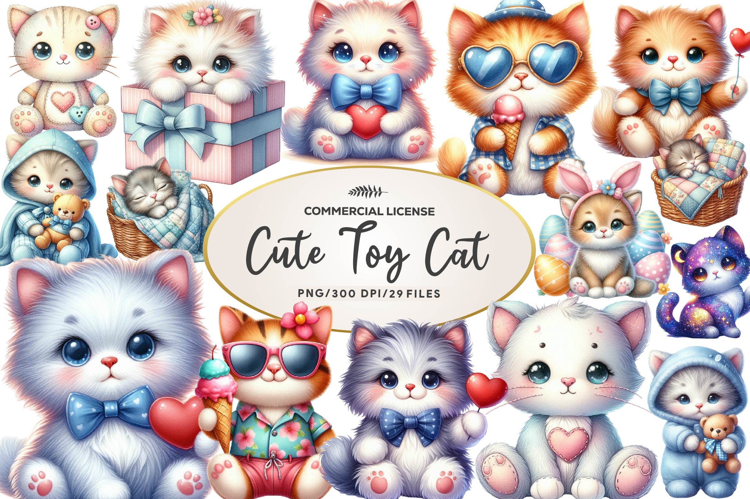 Cute Plush Toy Cat Clipart Bundle