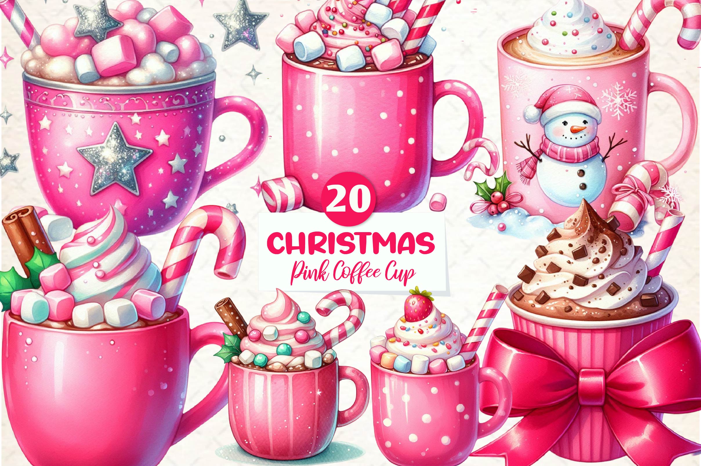 Pink Christmas Coffee Cup Clipart Bundle
