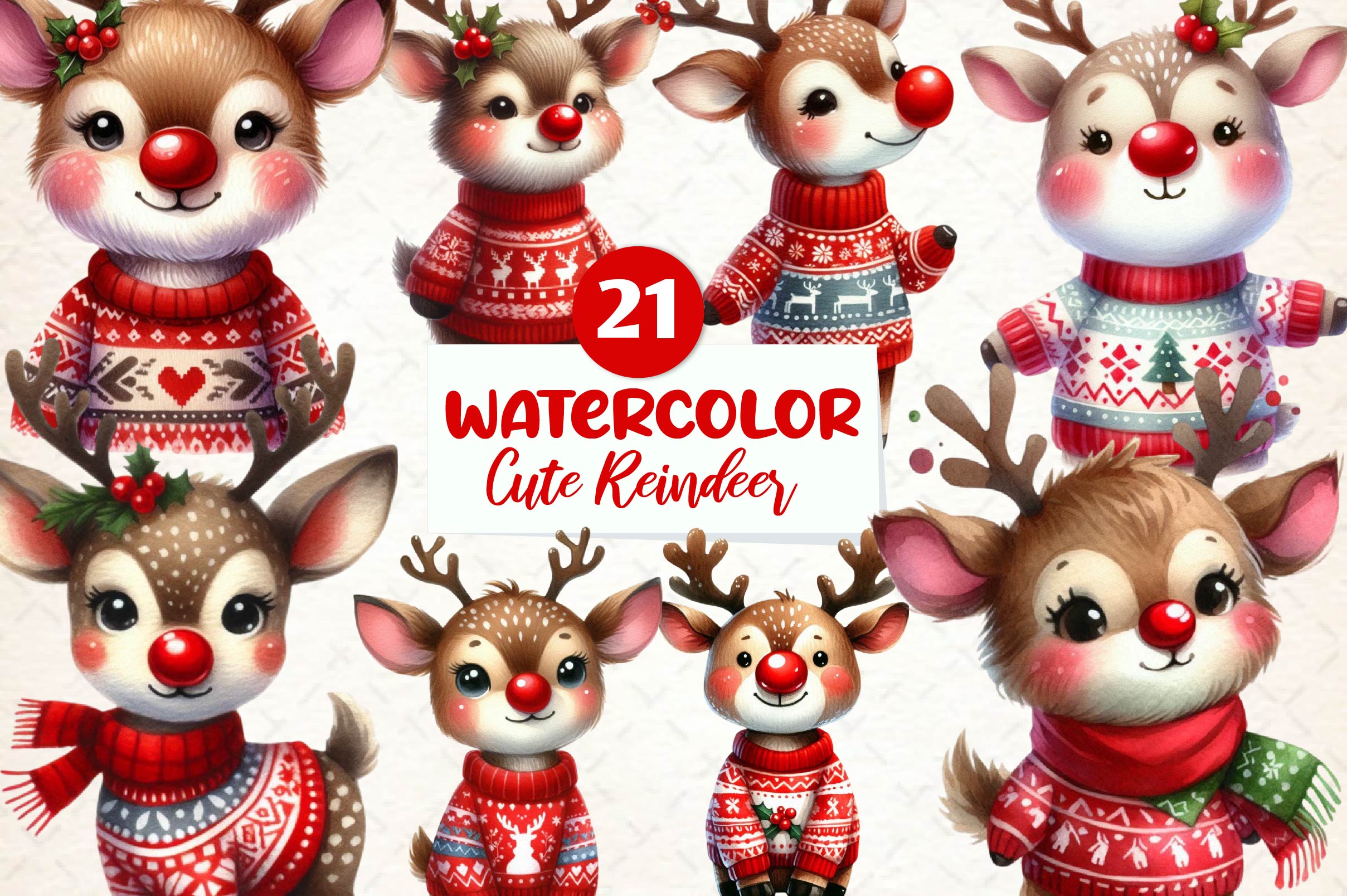 Cute Reindeer Christmas Clipart Bundle