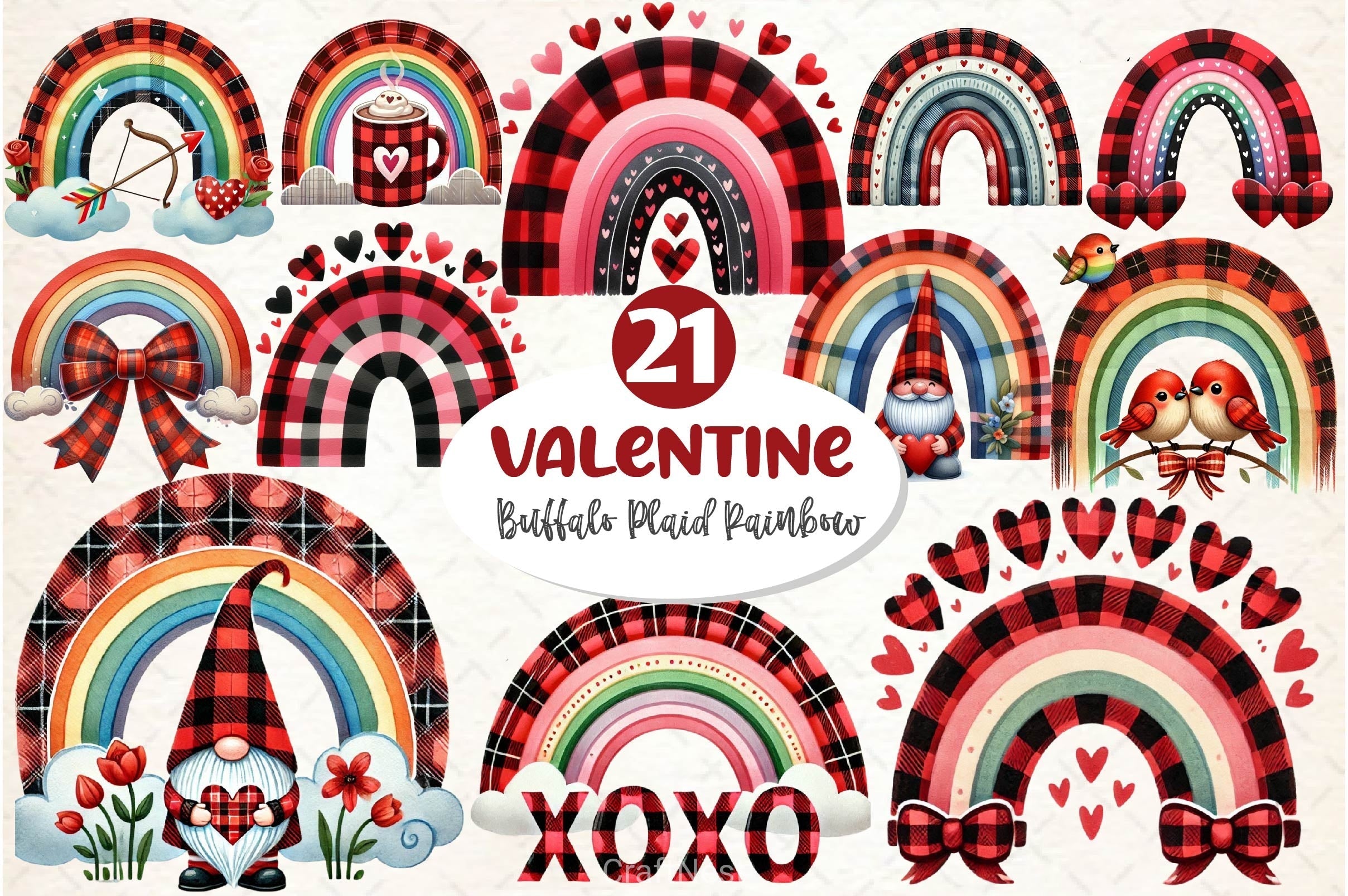 Buffalo Plaid Valentine's Rainbow Clipart Bundle