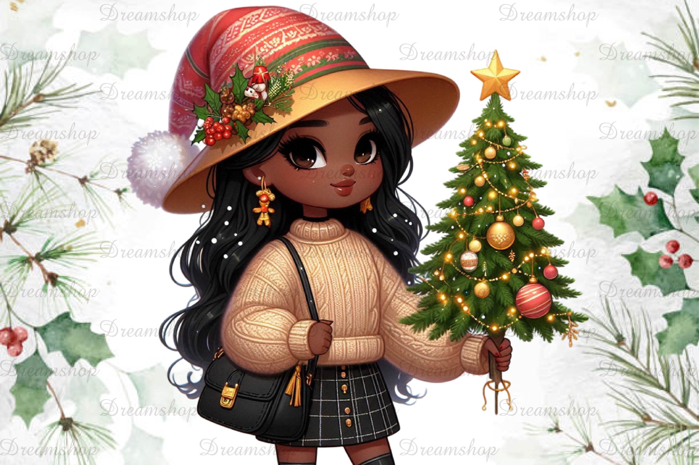 African American Christmas Girl Clipart Bundle 7