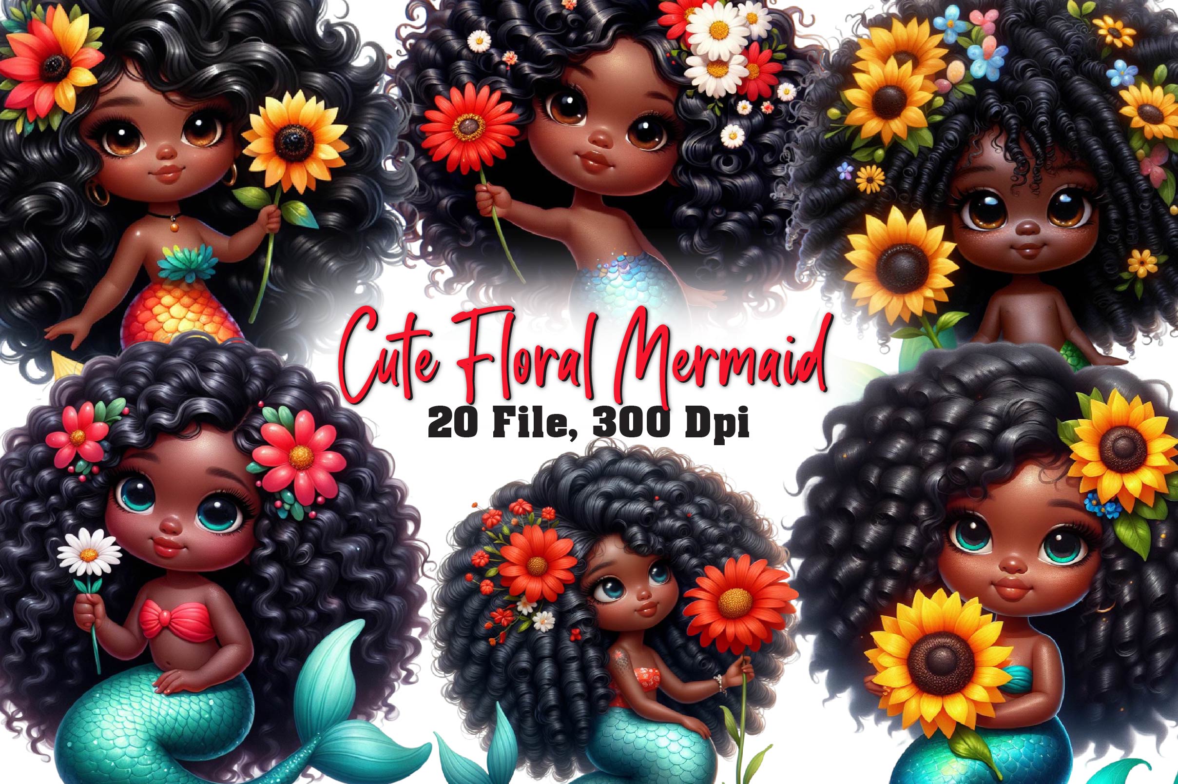 Cute Floral Mermaid Clipart Bundle
