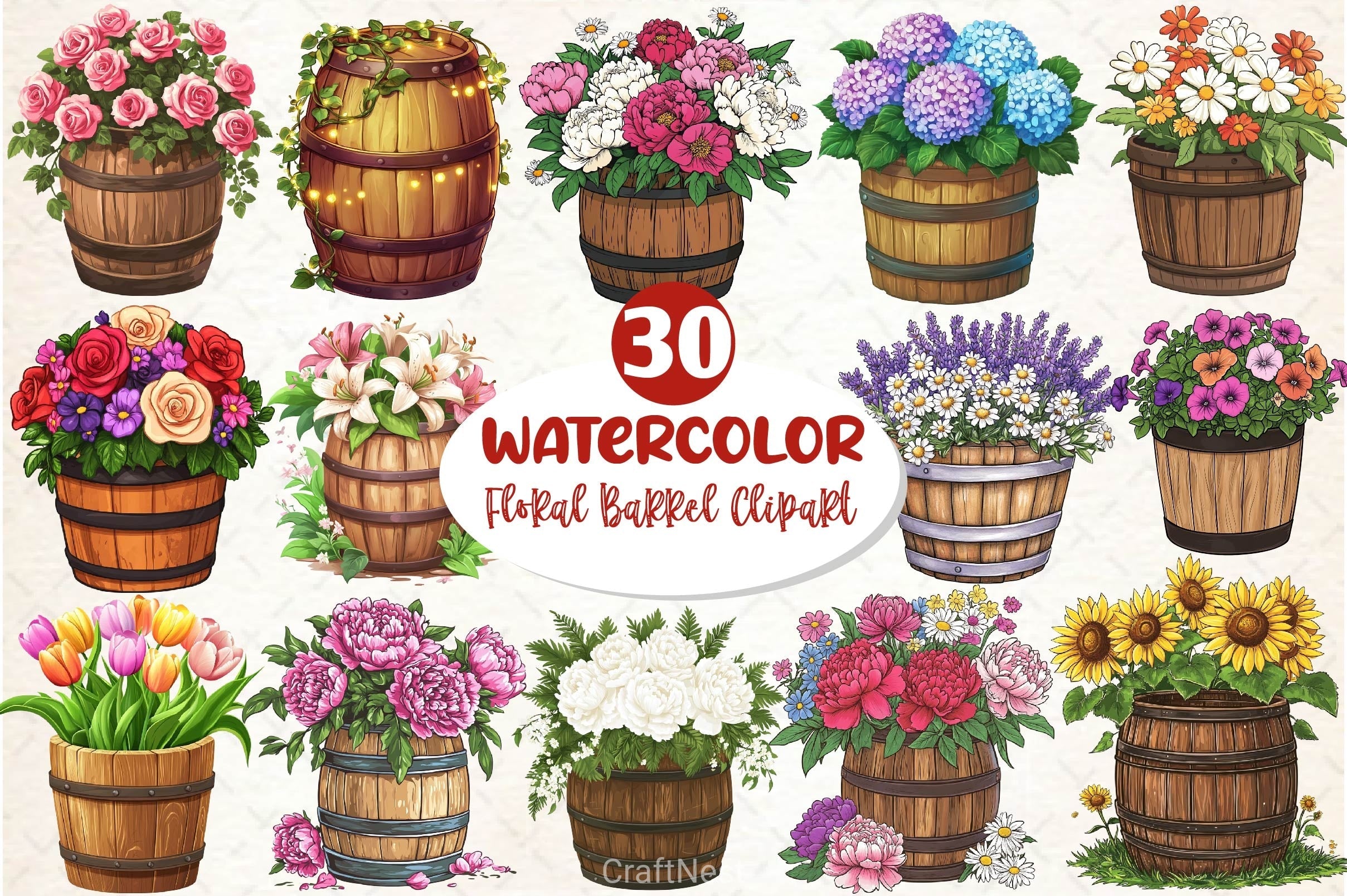 Floral Barrel Clipart Bundle 2