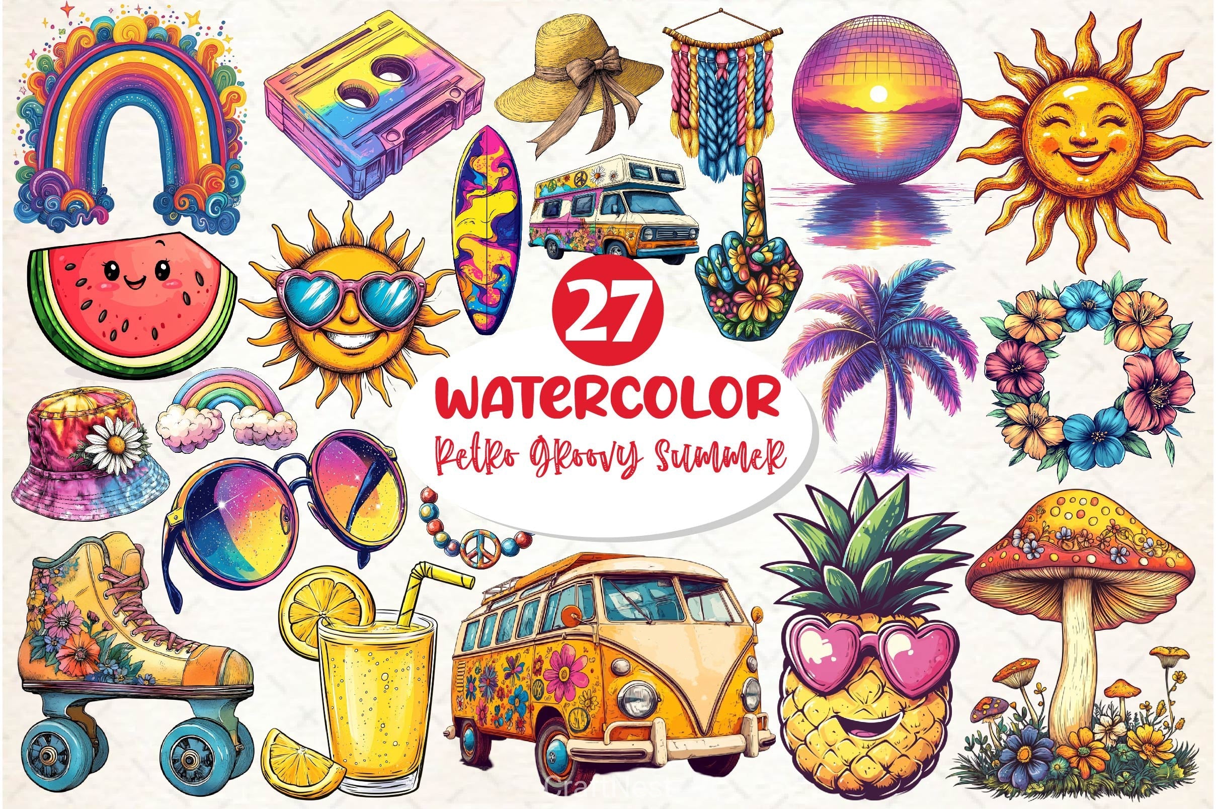 Retro Groovy Summer Clipart Bundle 3