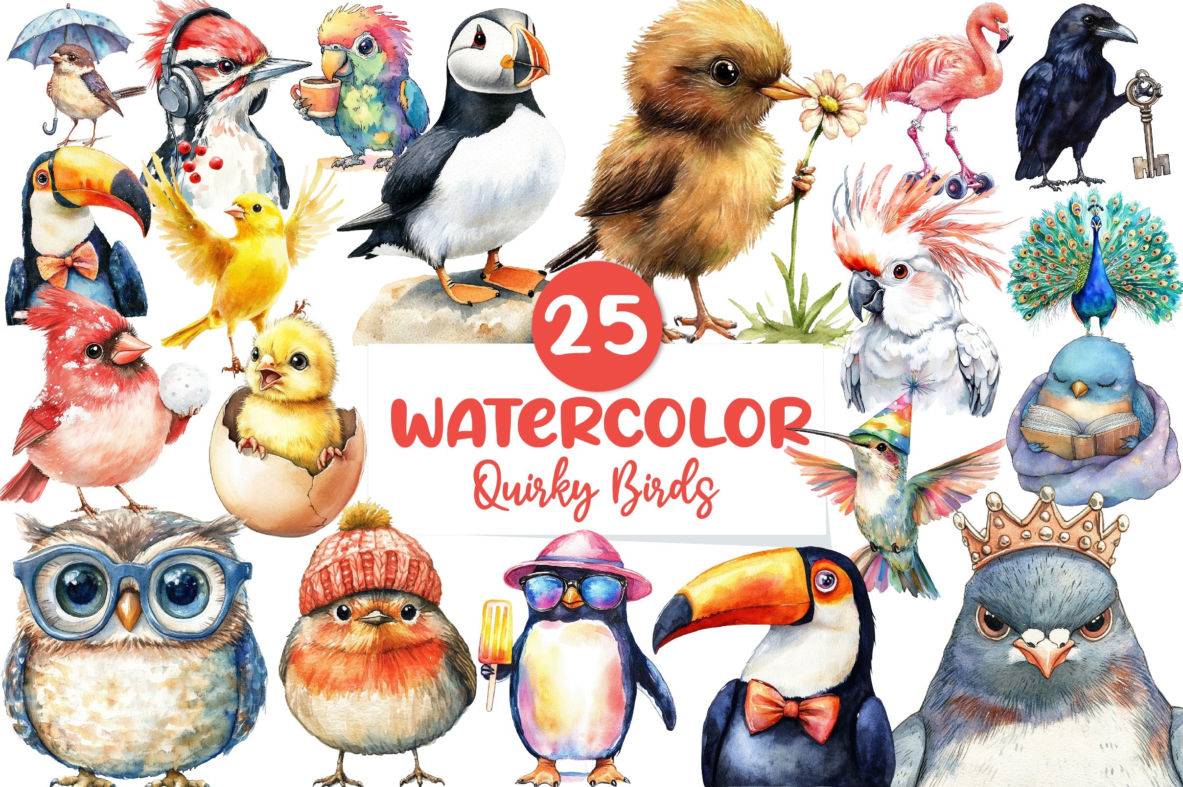 Cute Quirky Funny Birds Clipart Bundle