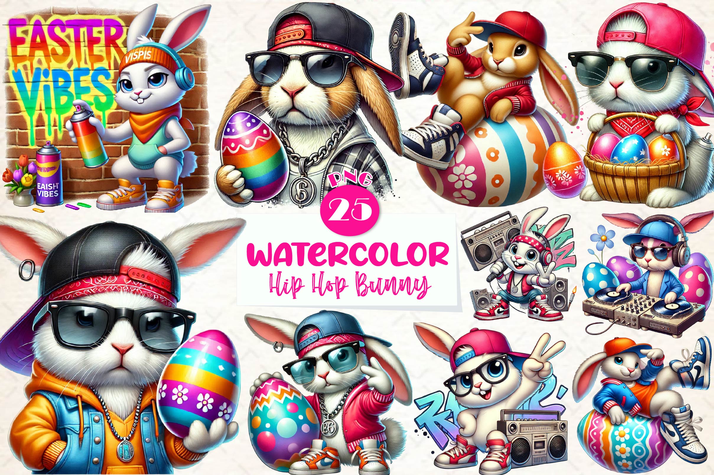 Hip Hop Bunny Easter Day Clipart Bundle