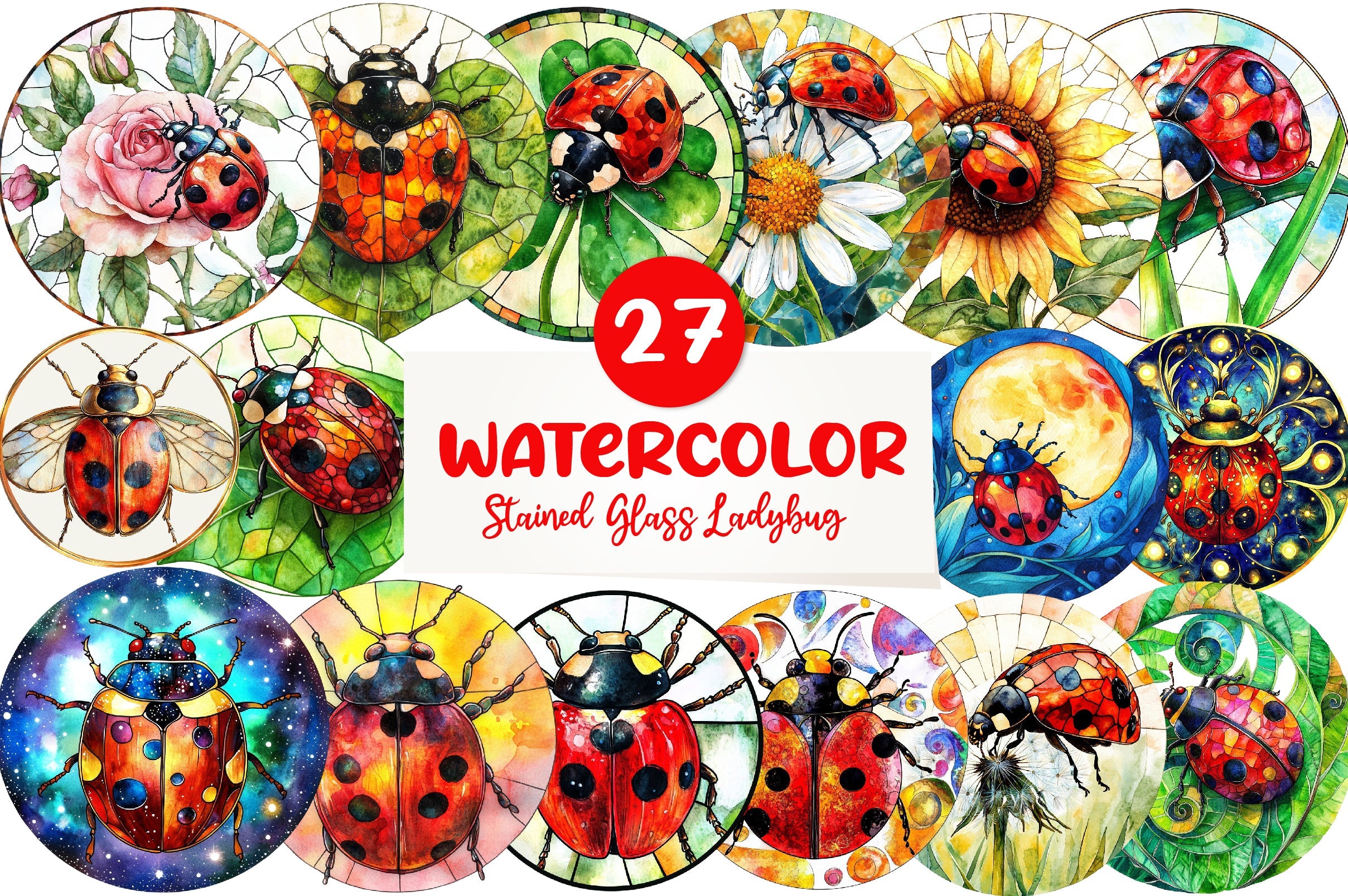 Round Stained Glass Ladybug Clipart Bundle