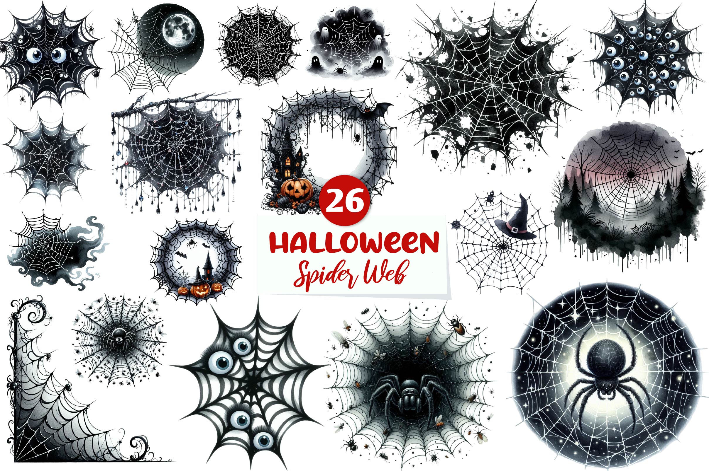 Black Cobweb Frame Halloween Spider Web Clipart Bundle