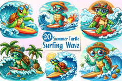 Summer Turtle Surfing On Wave Clipart Bundle - CraftNest - Digital Crafting and Art