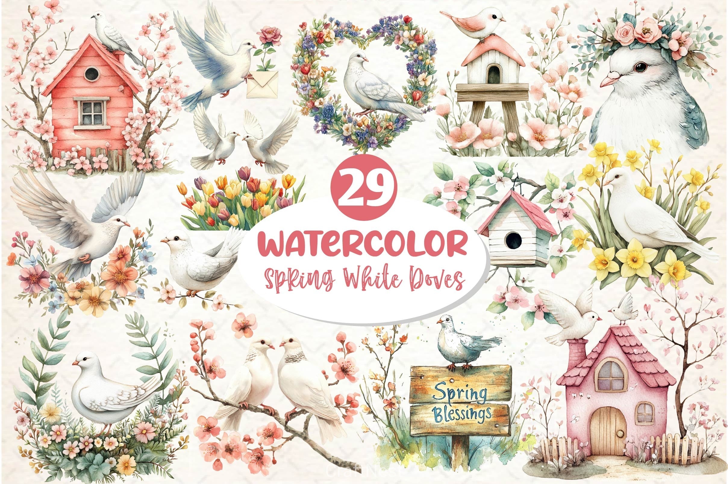 Spring White Doves Clipart Bundle 2