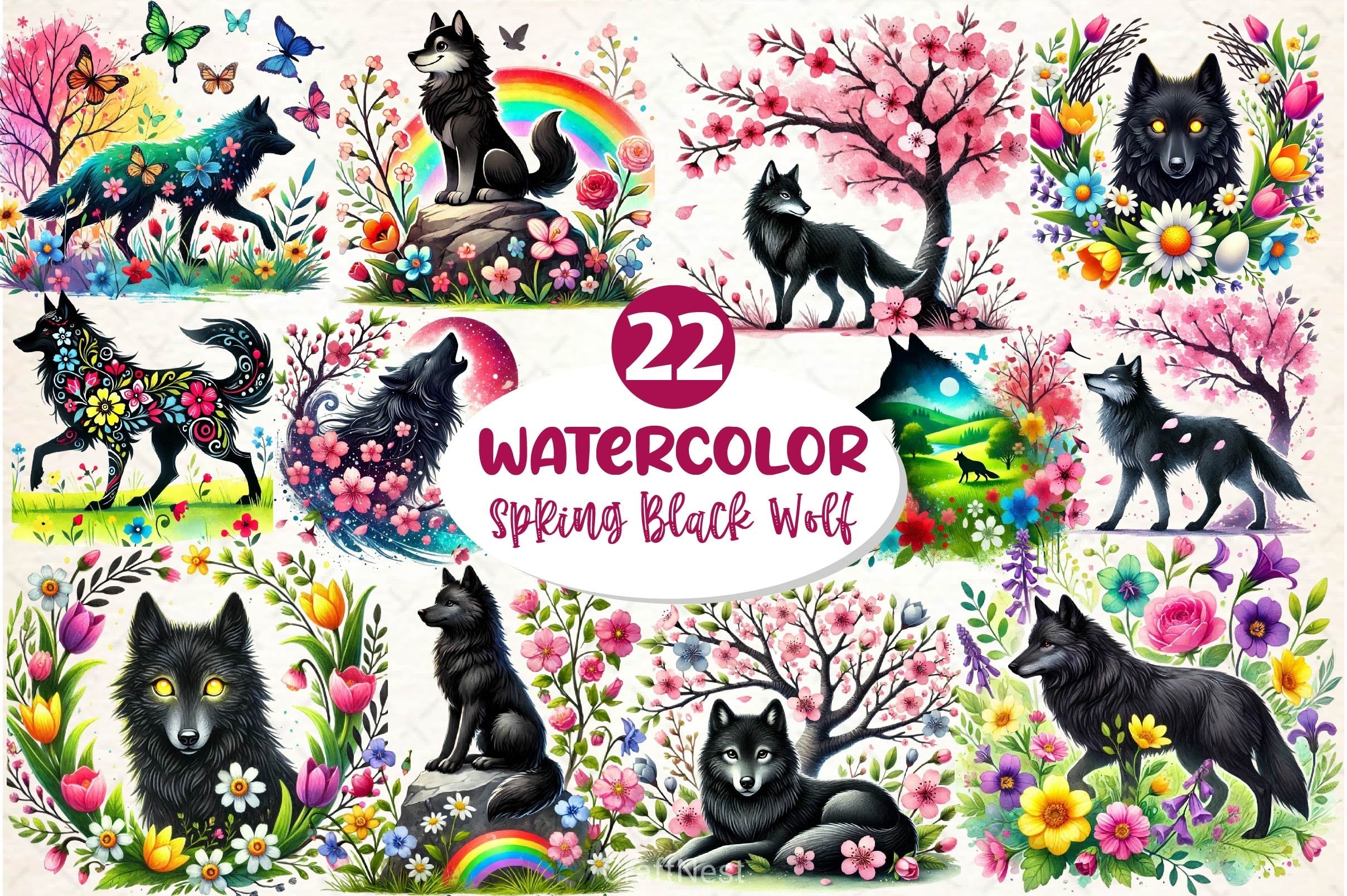 Spring Black Wolf Clipart Bundle 2