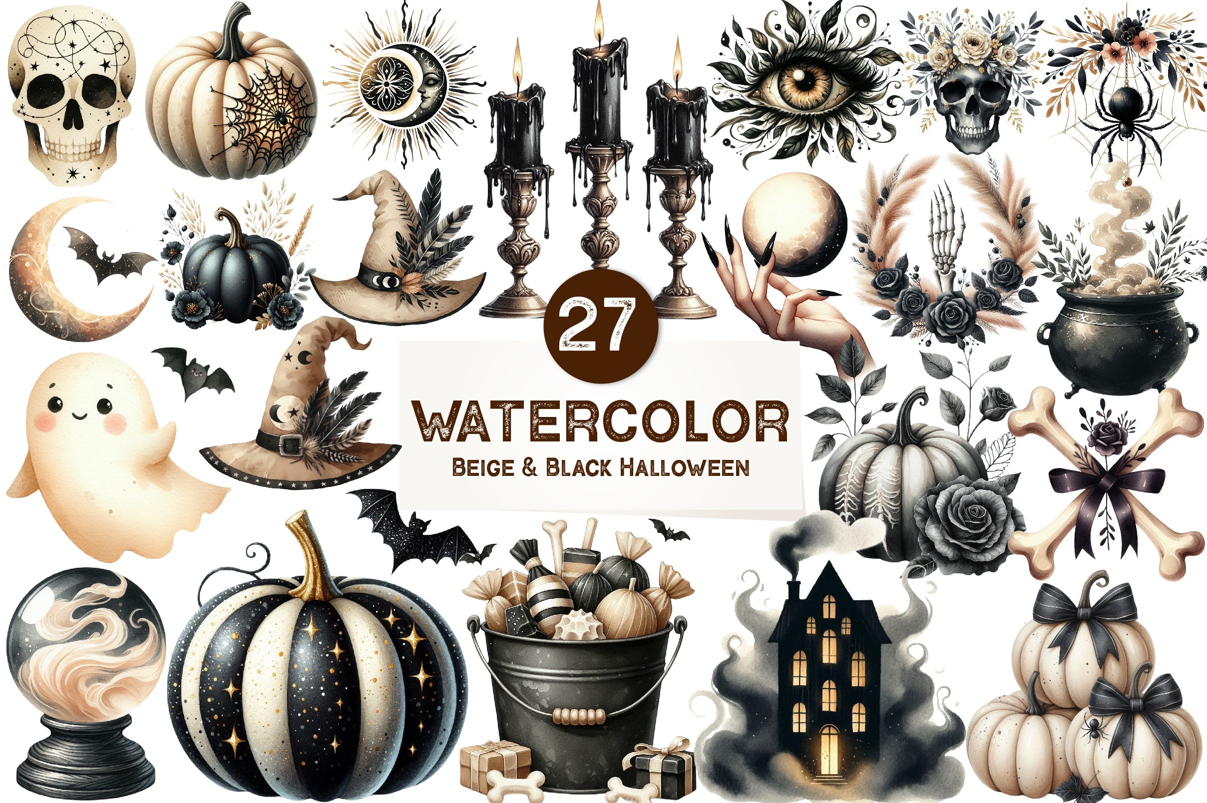 Beige & Black Halloween Clipart Bundle