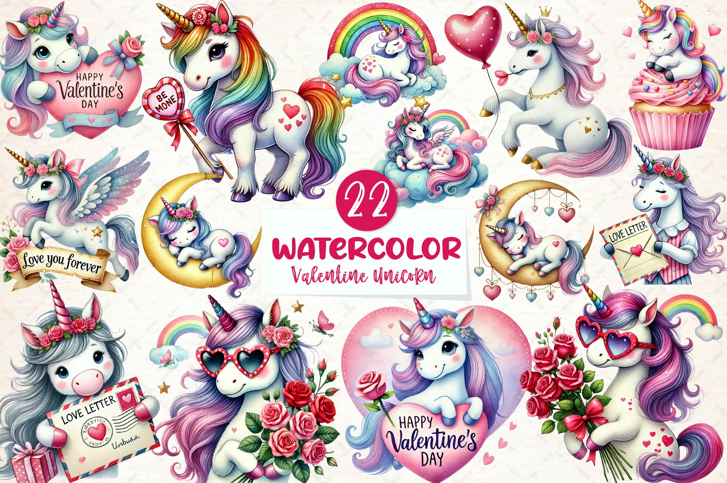 Cute Valentines Day Unicorn Clipart Bundle