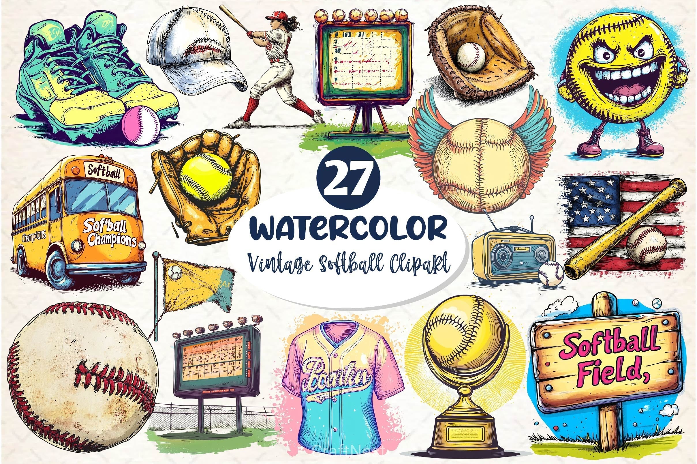 Vintage Softball Clipart Bundle 2