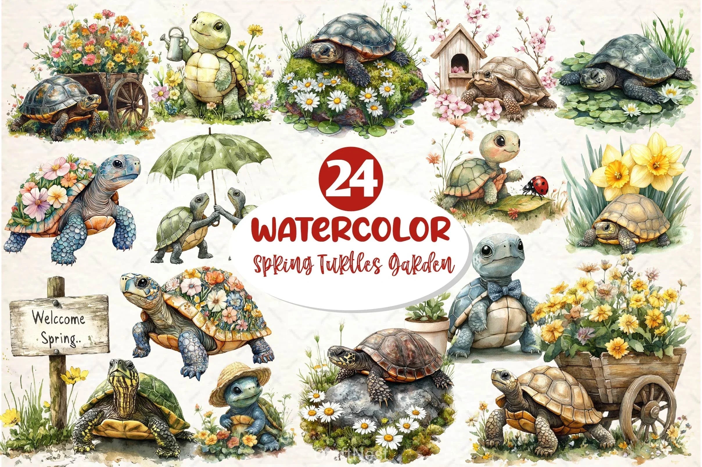 Spring Turtles Garden Clipart Bundle