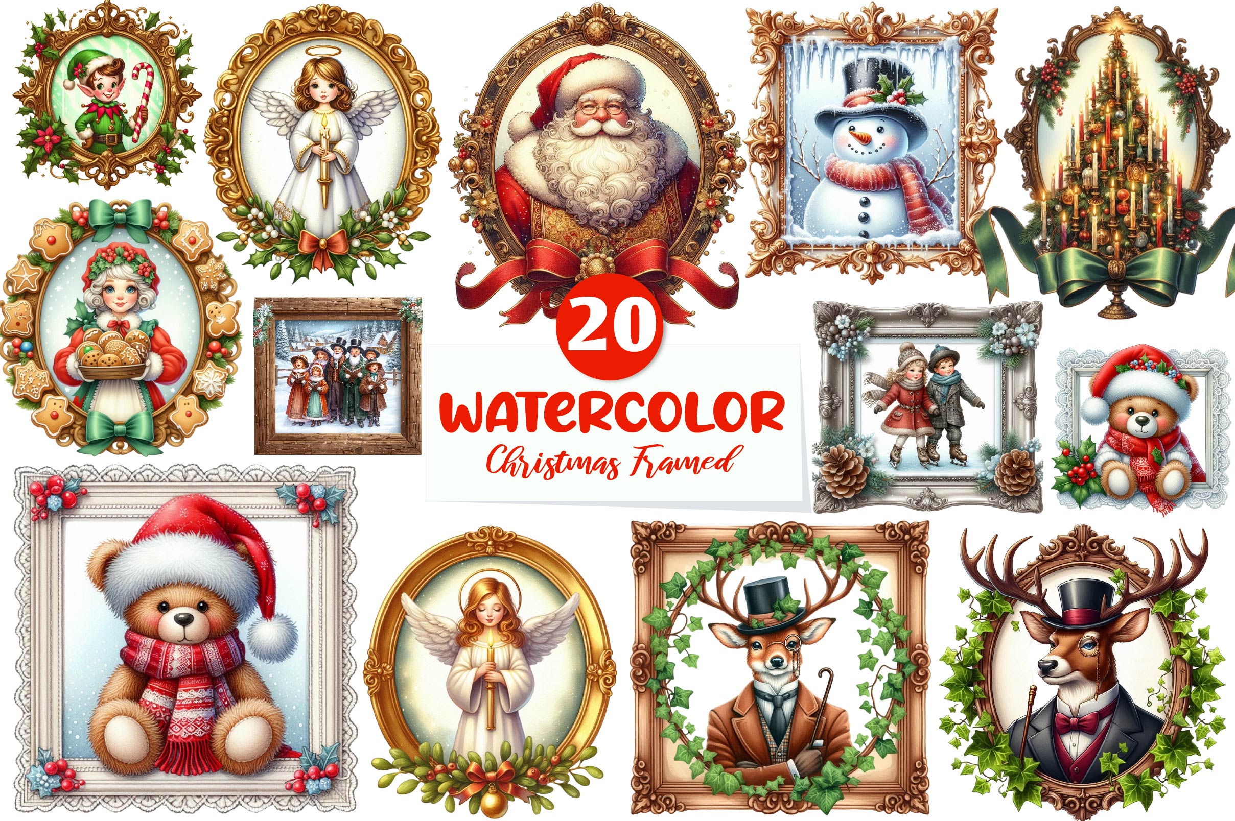 Vintage Christmas Framed Character Clipart Bundle