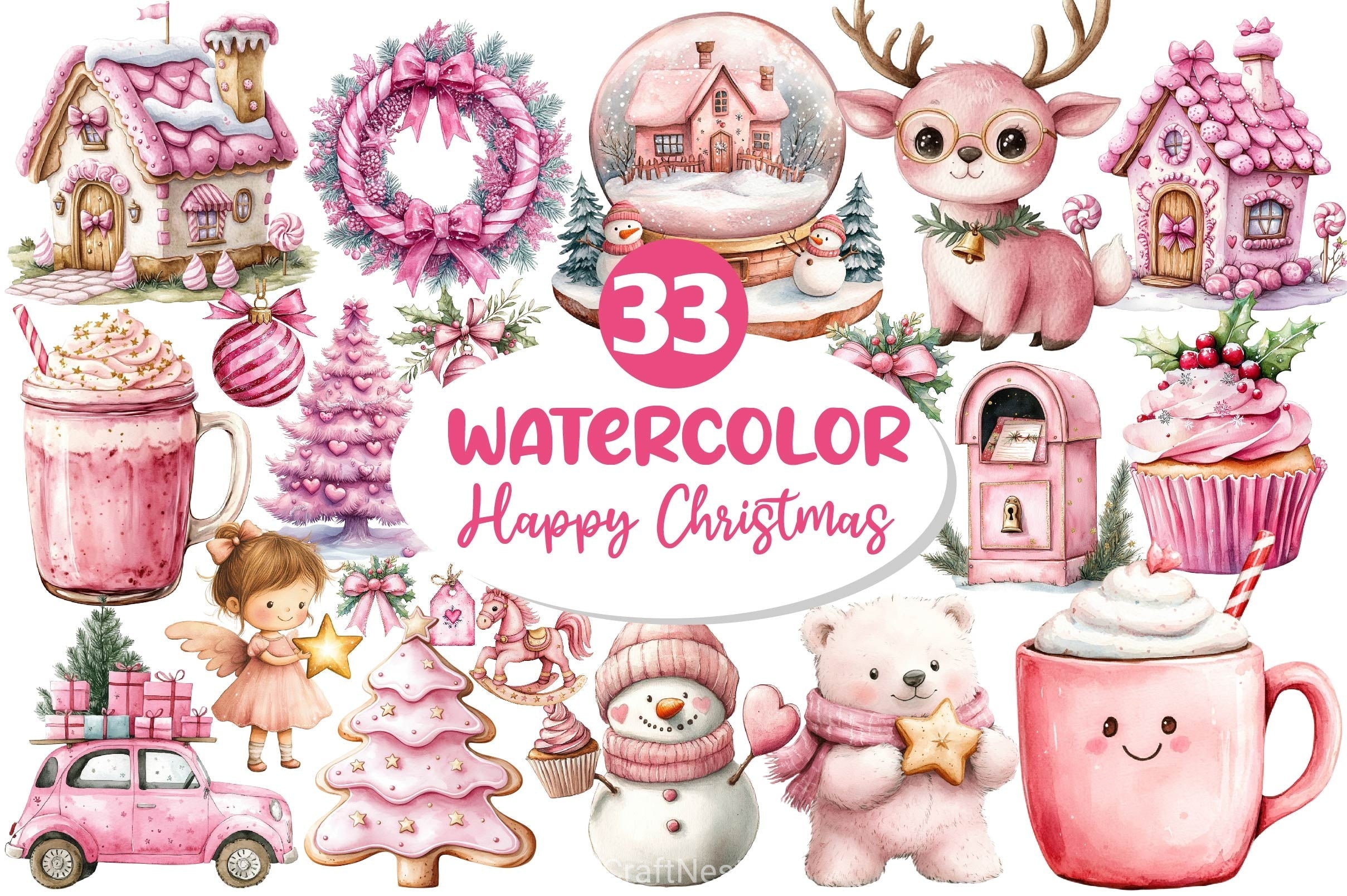 Pink Happy Christmas Clipart Bundle
