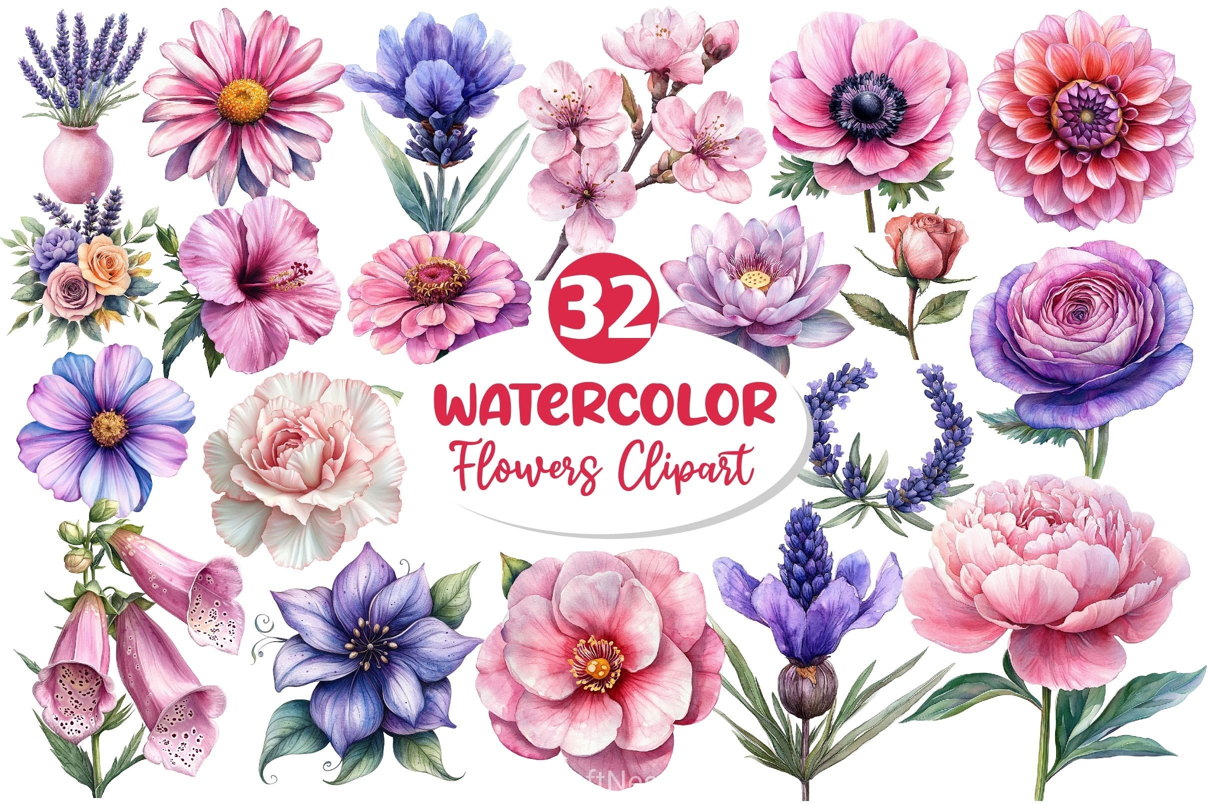 Lavender Pink Flowers Clipart Bundle