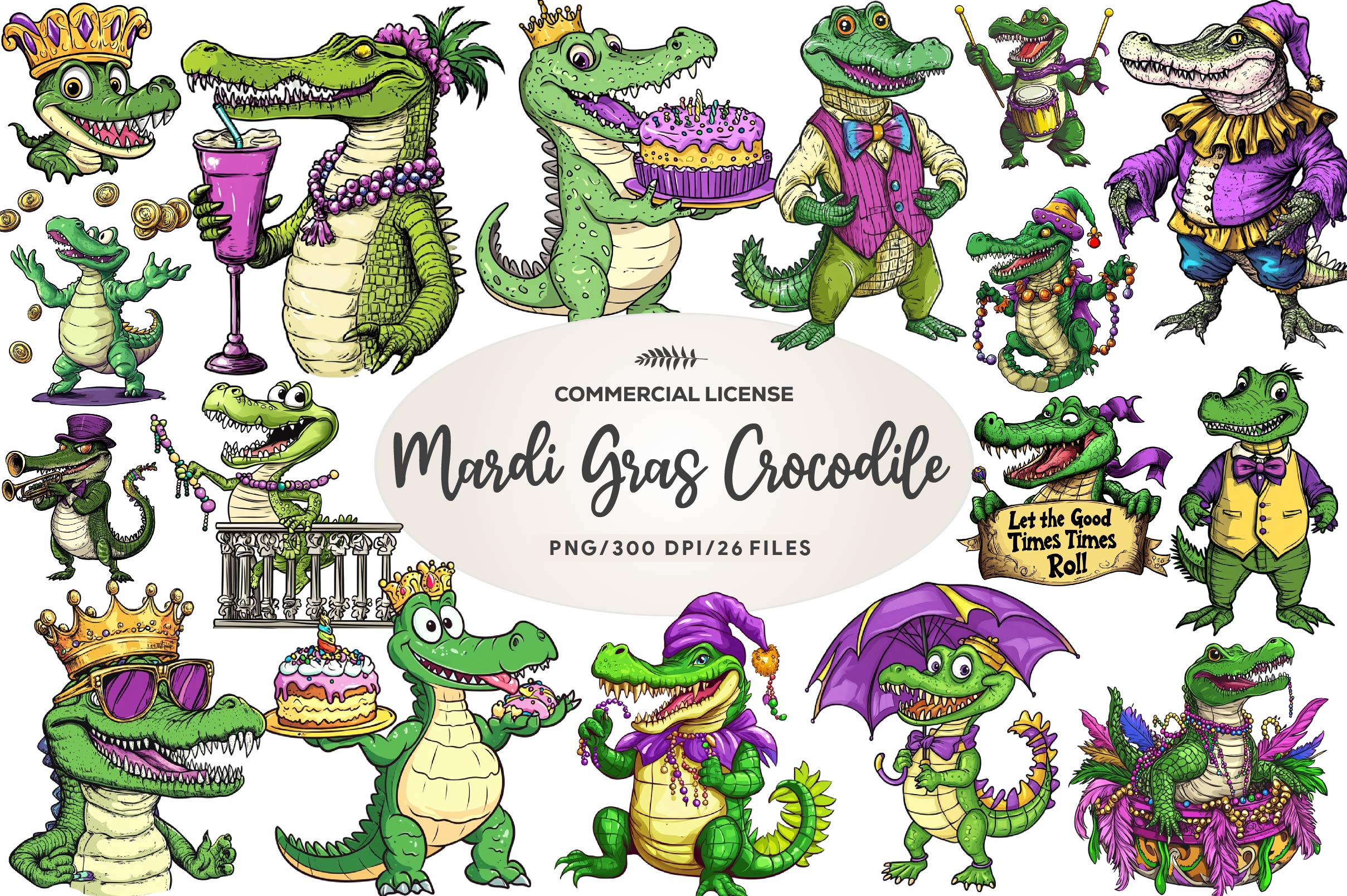 Mardi Gras Crocodile Clipart Bundle 1