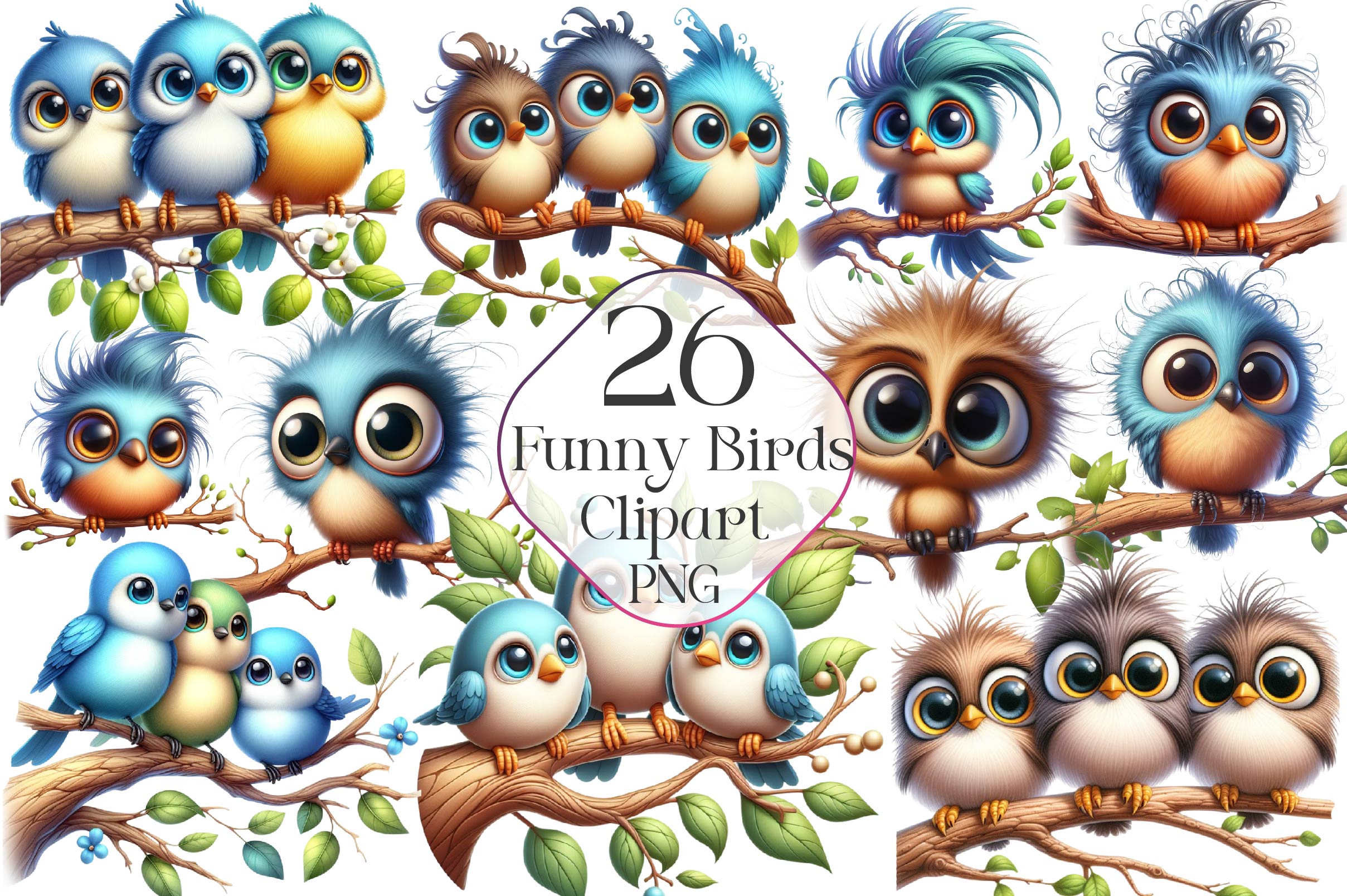 Funny Birds On Branch Clipart Bundle