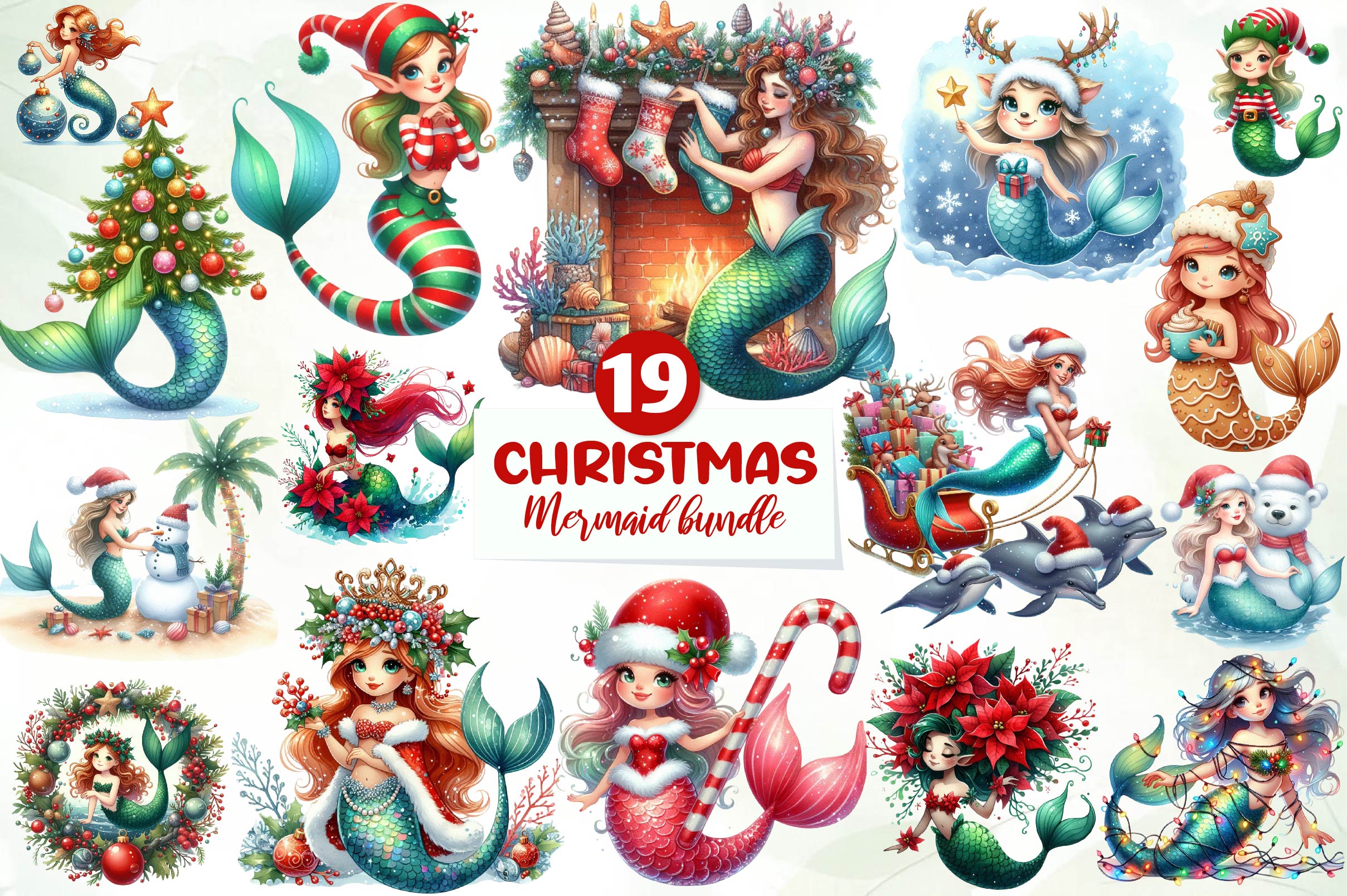 Christmas Mermaid Clipart Bundle
