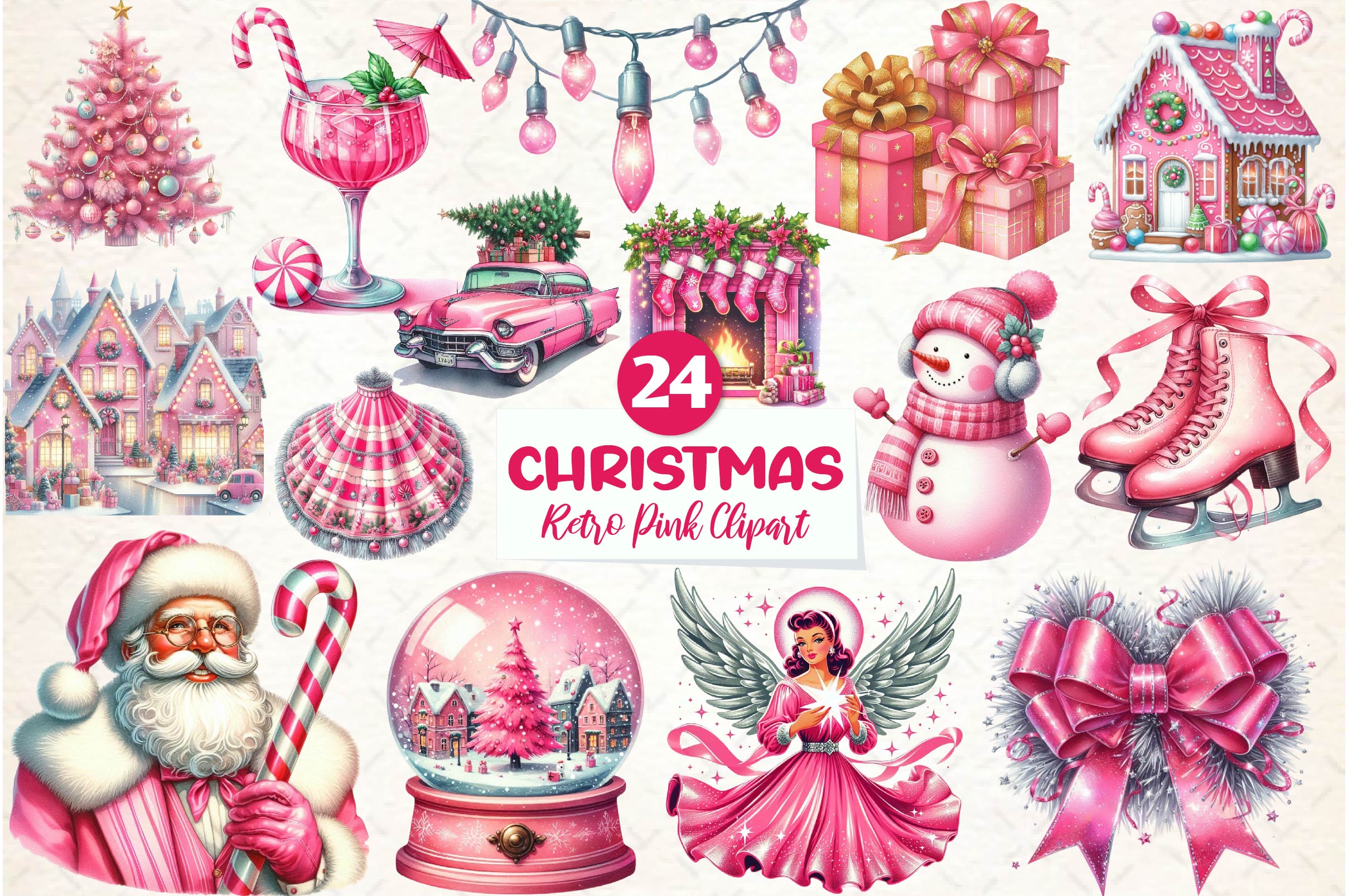 Retro Pink Christmas Clipart Bundle