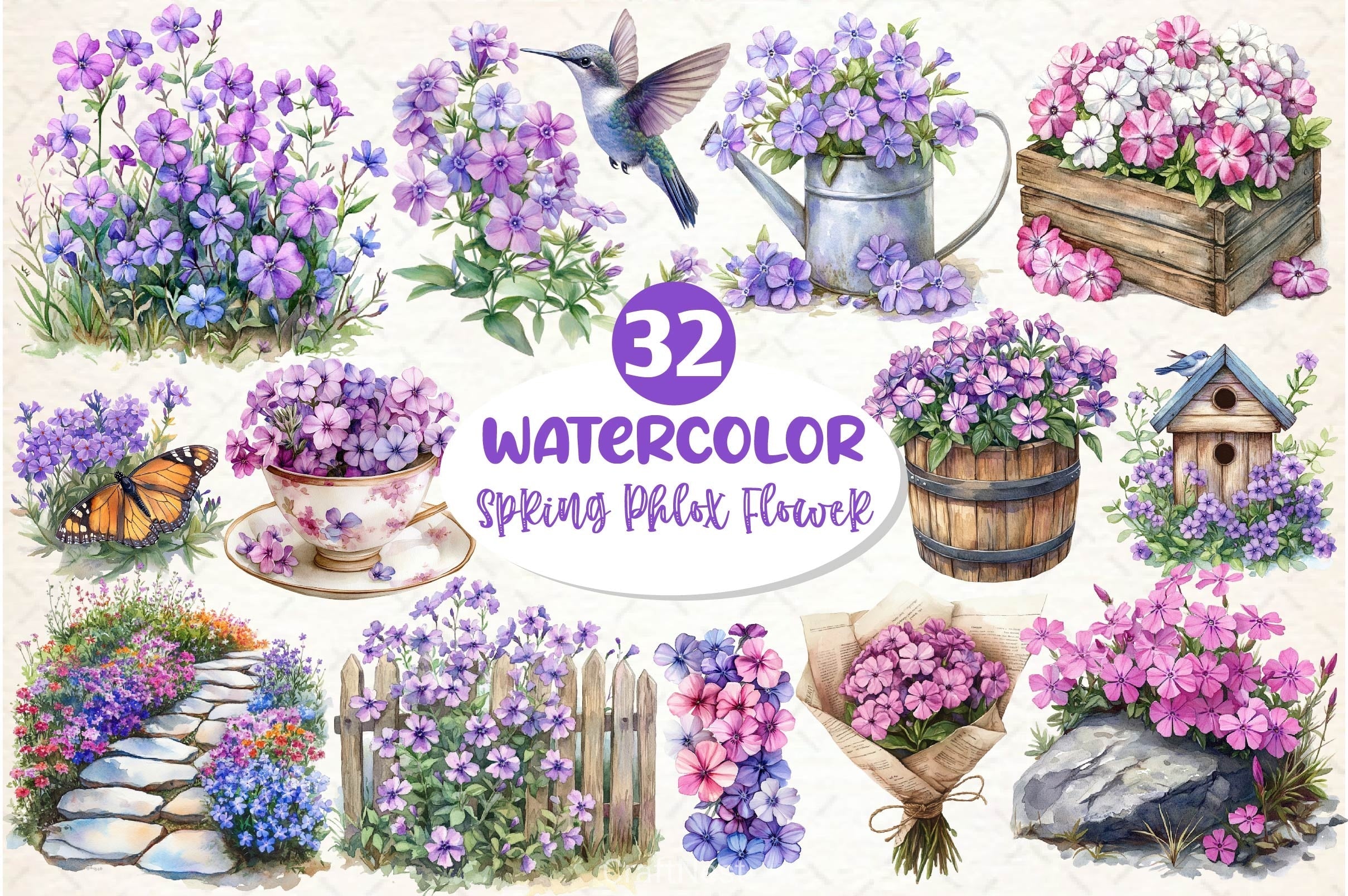Spring Creeping Phlox Flower Clipart Bundle 1