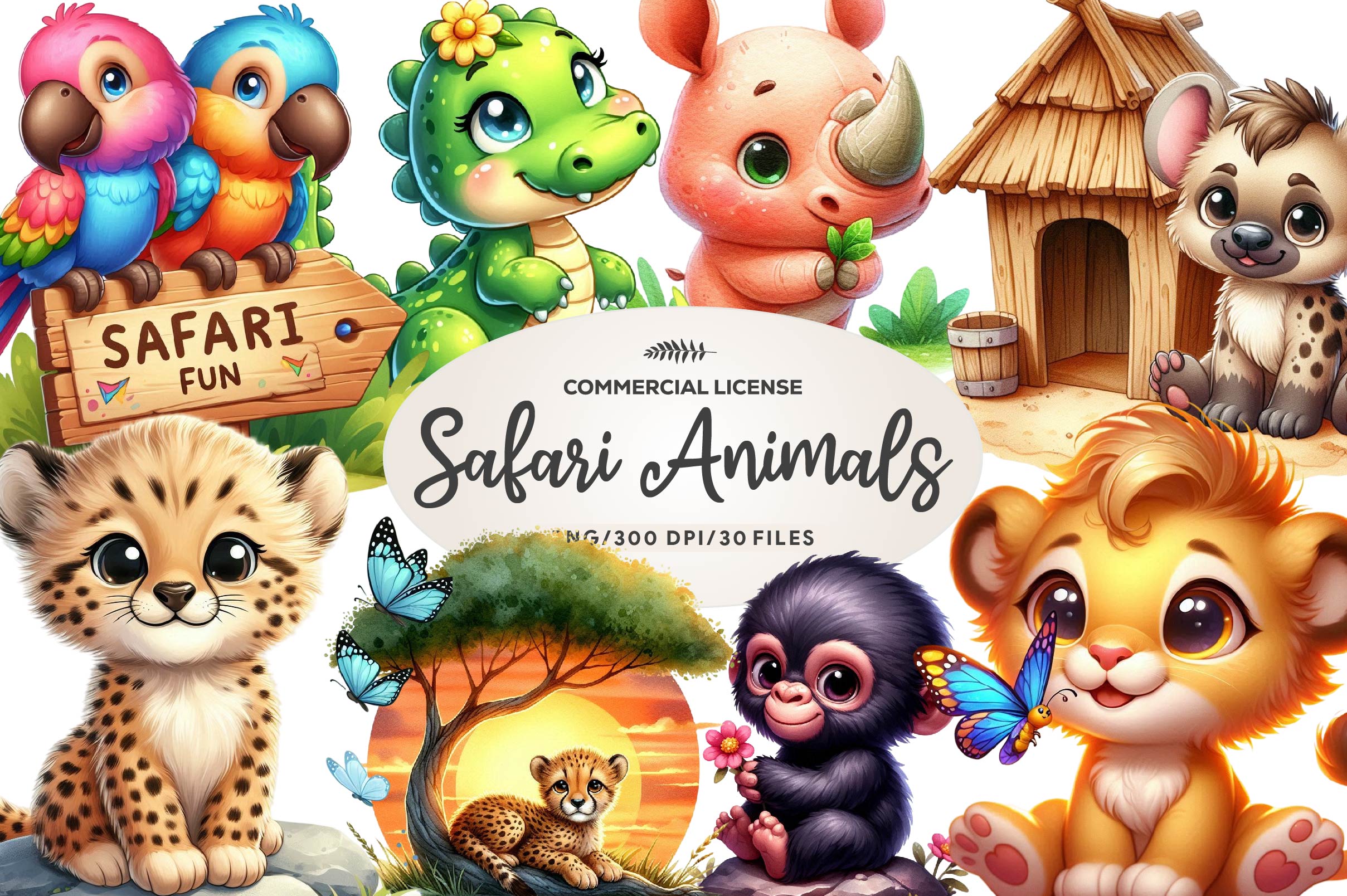 Cute Safari Animals Clipart Bundle