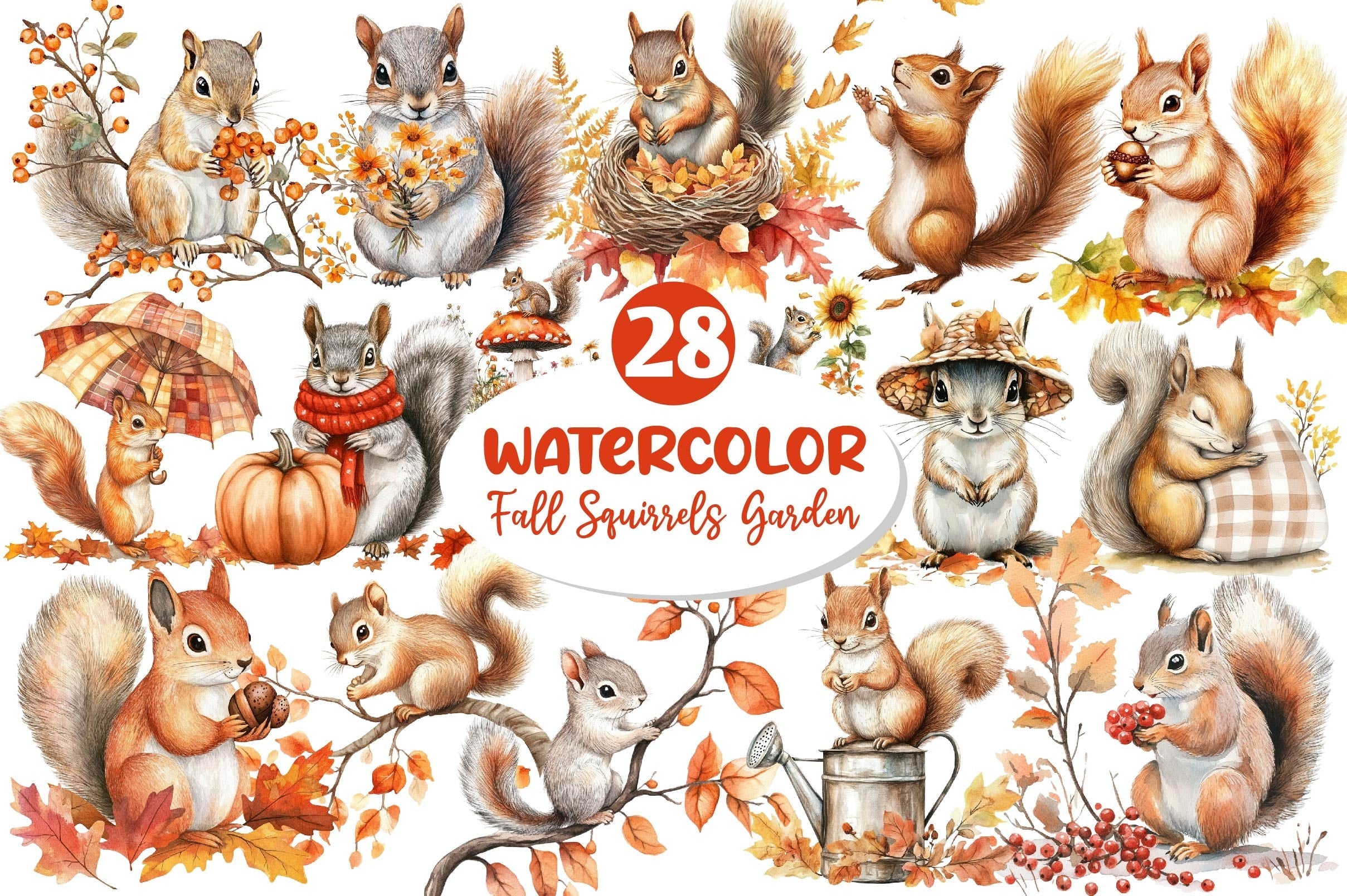 Fall Squirrels Garden Clipart Bundle 2