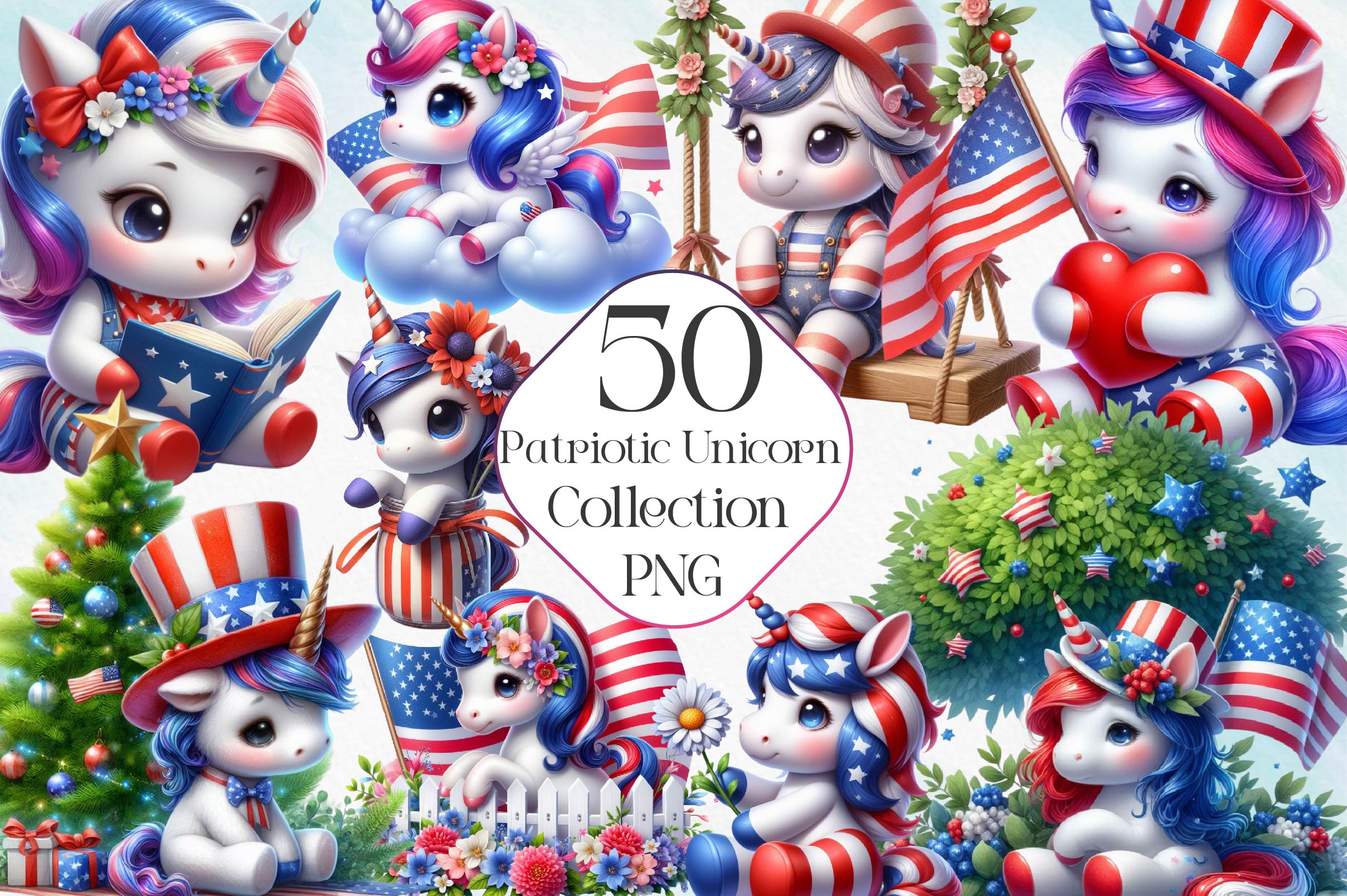 Patriotic Cute Unicorn Clipart Bundle