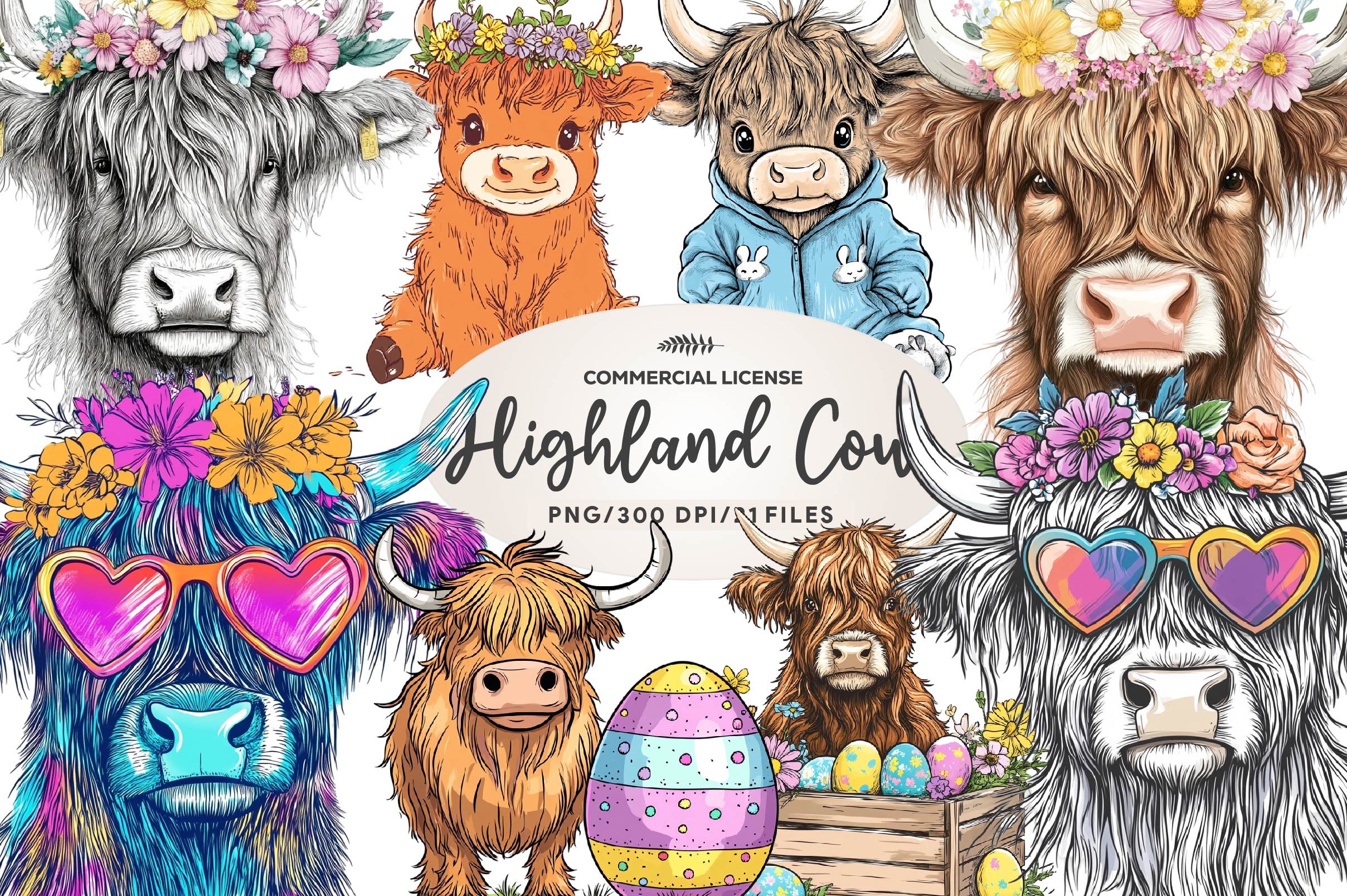 Cute Easter Day Highland Cow Clipart Bundle