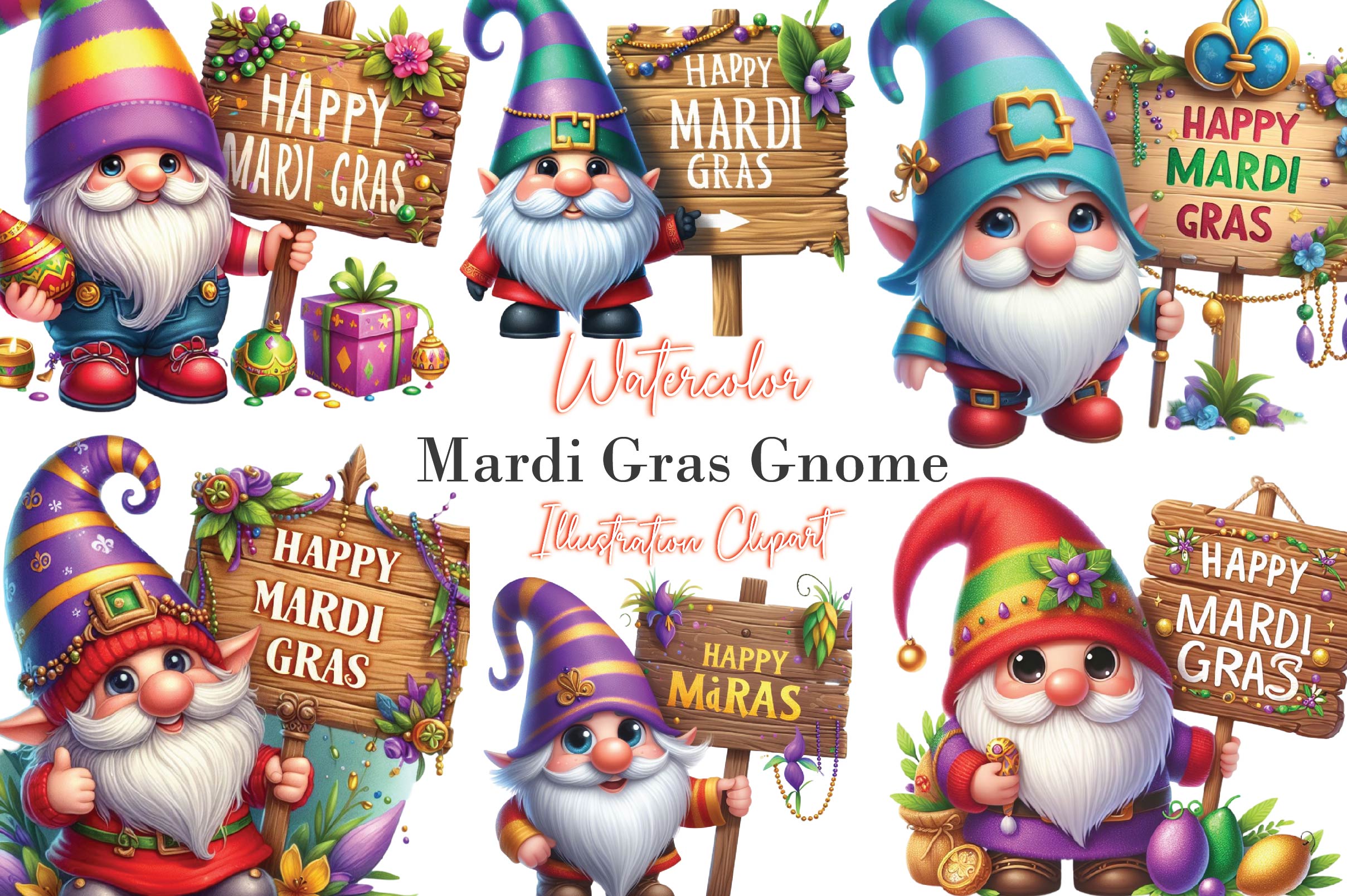 Happy Mardi Gras Gnome Clipart Bundle