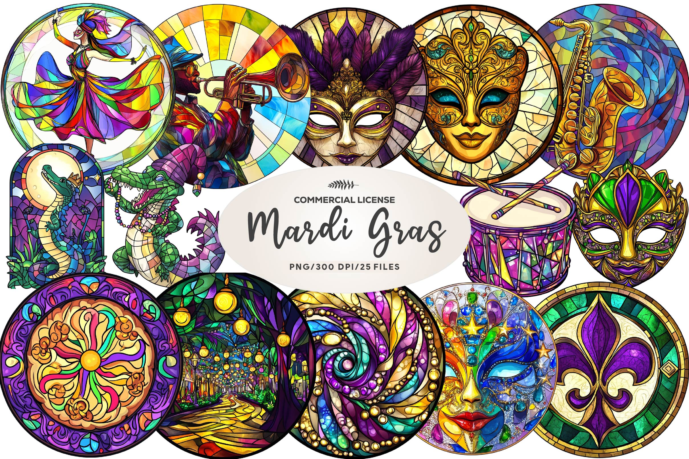 Round Stained Glass Mardi Gras Clipart Bundle