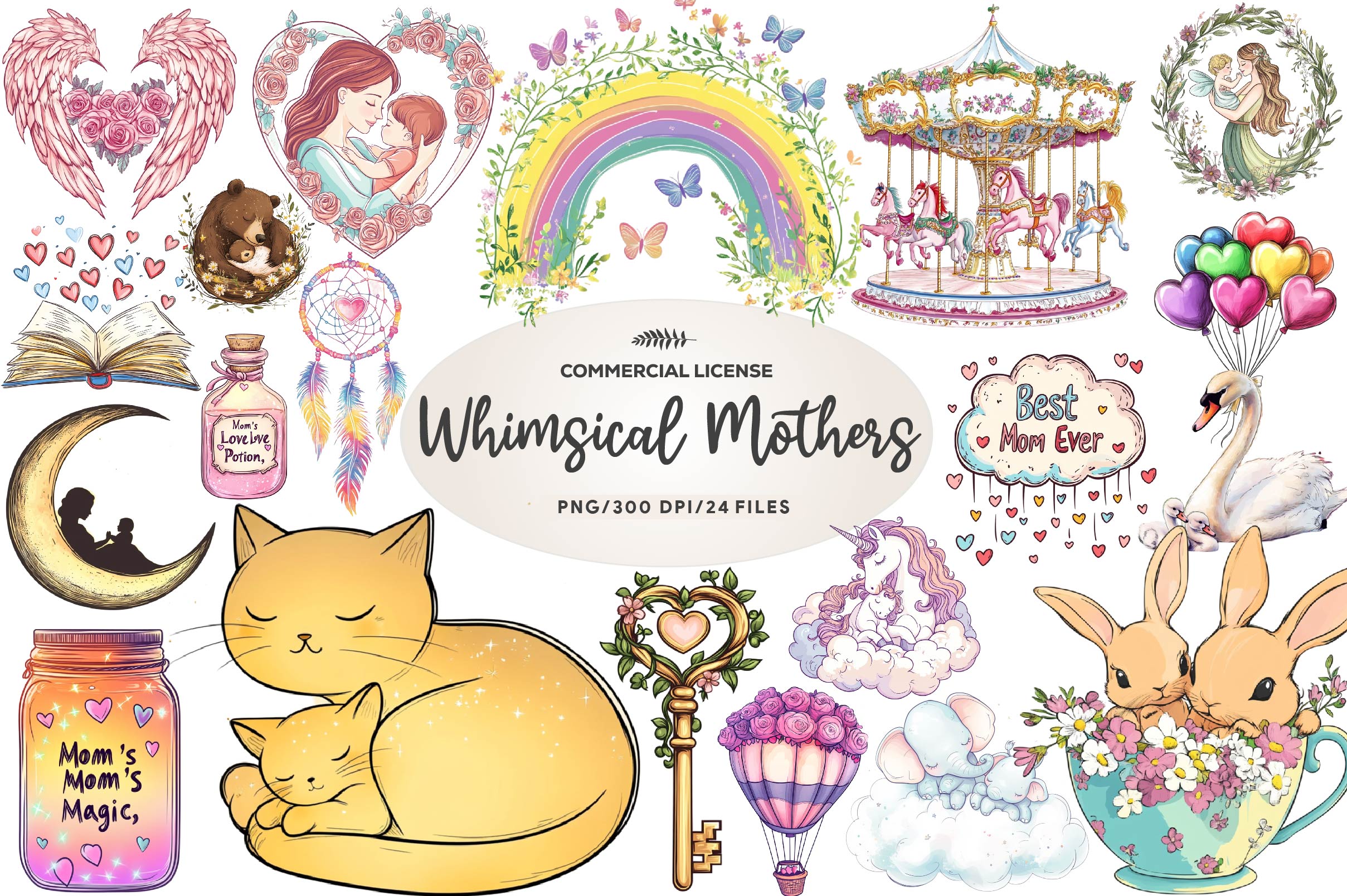 Whimsical Mothers Day Art Set Clipart Bundle