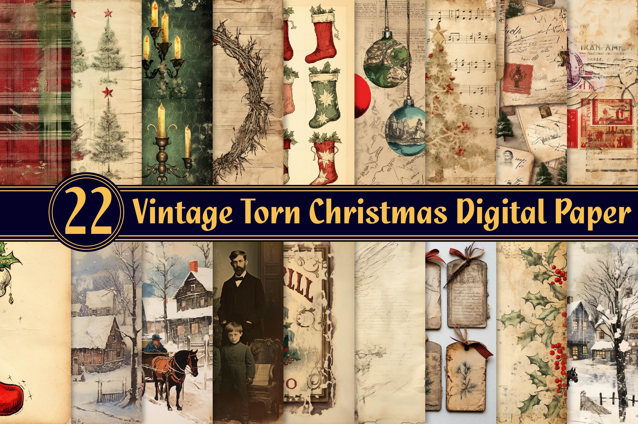 Vintage Torn Christmas Digital Paper