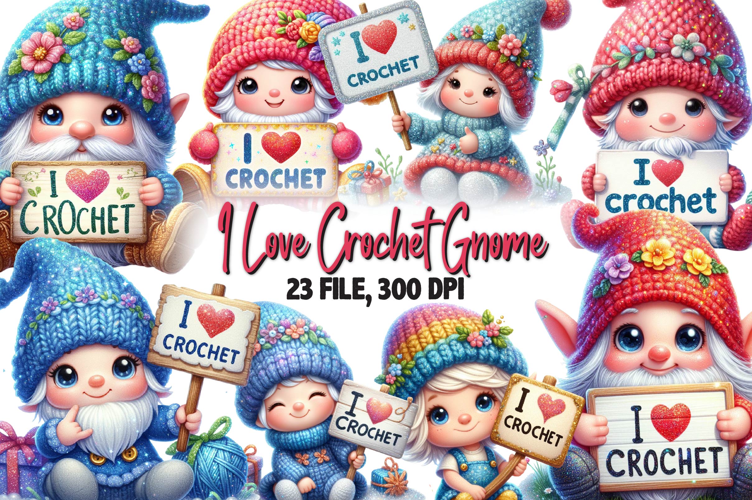 I Love Crochet Gnome Clipart Bundle