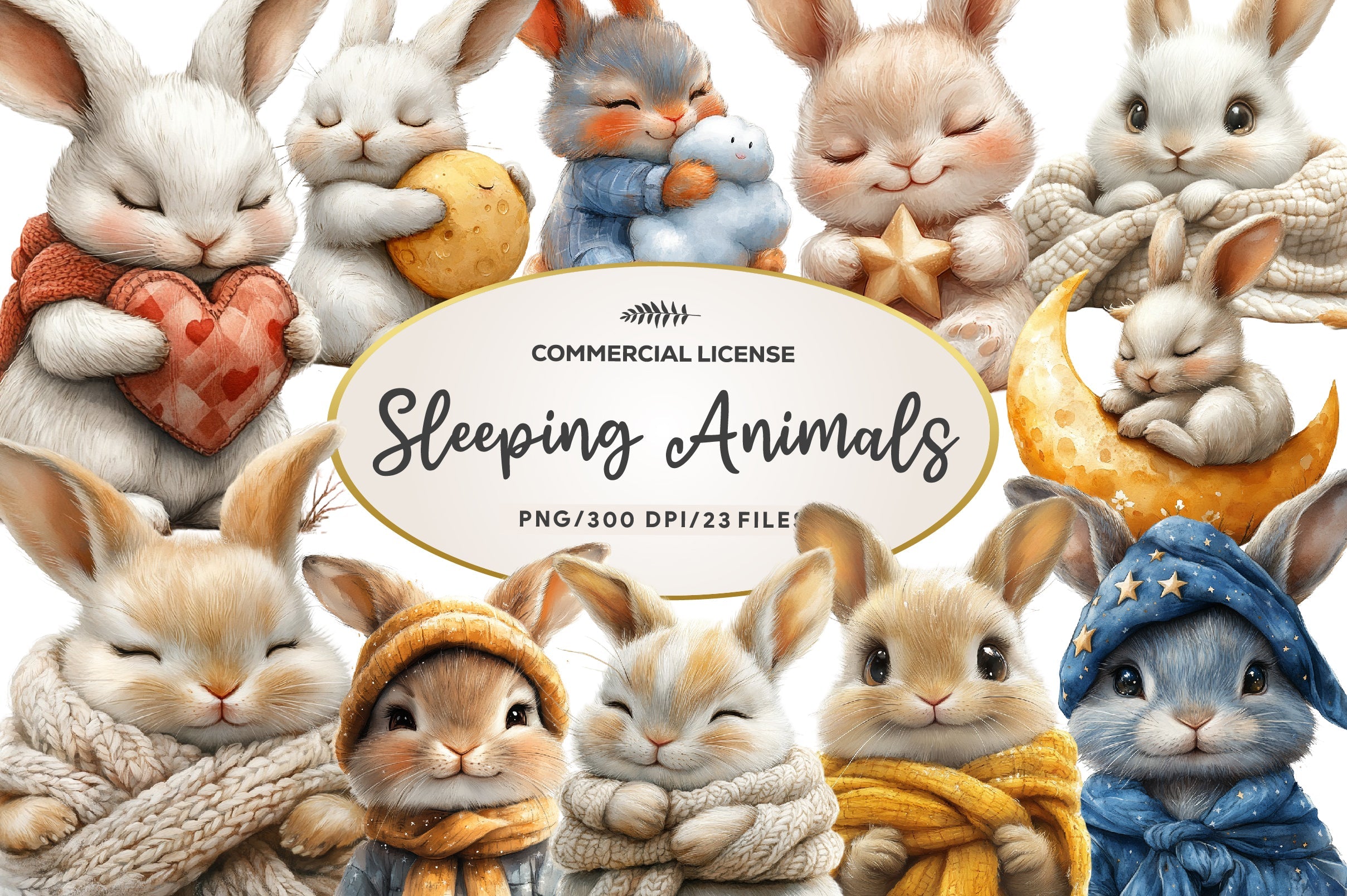 Bunny Neutral Sleeping Animals Clipart Bundle