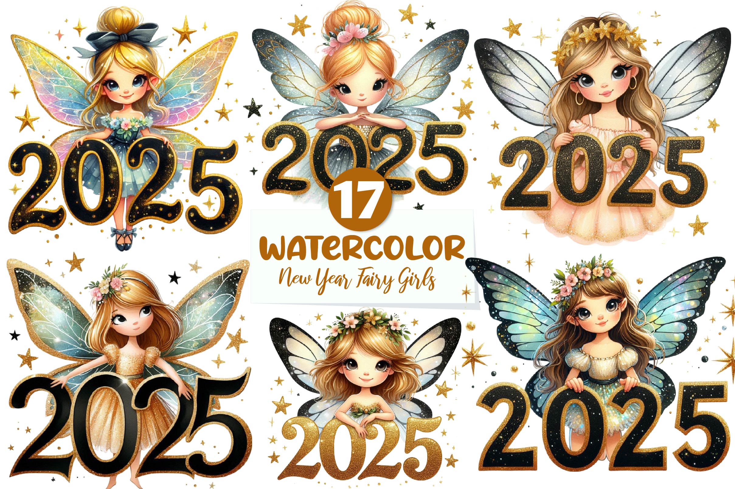 New Year Fairy Girls Clipart Bundle