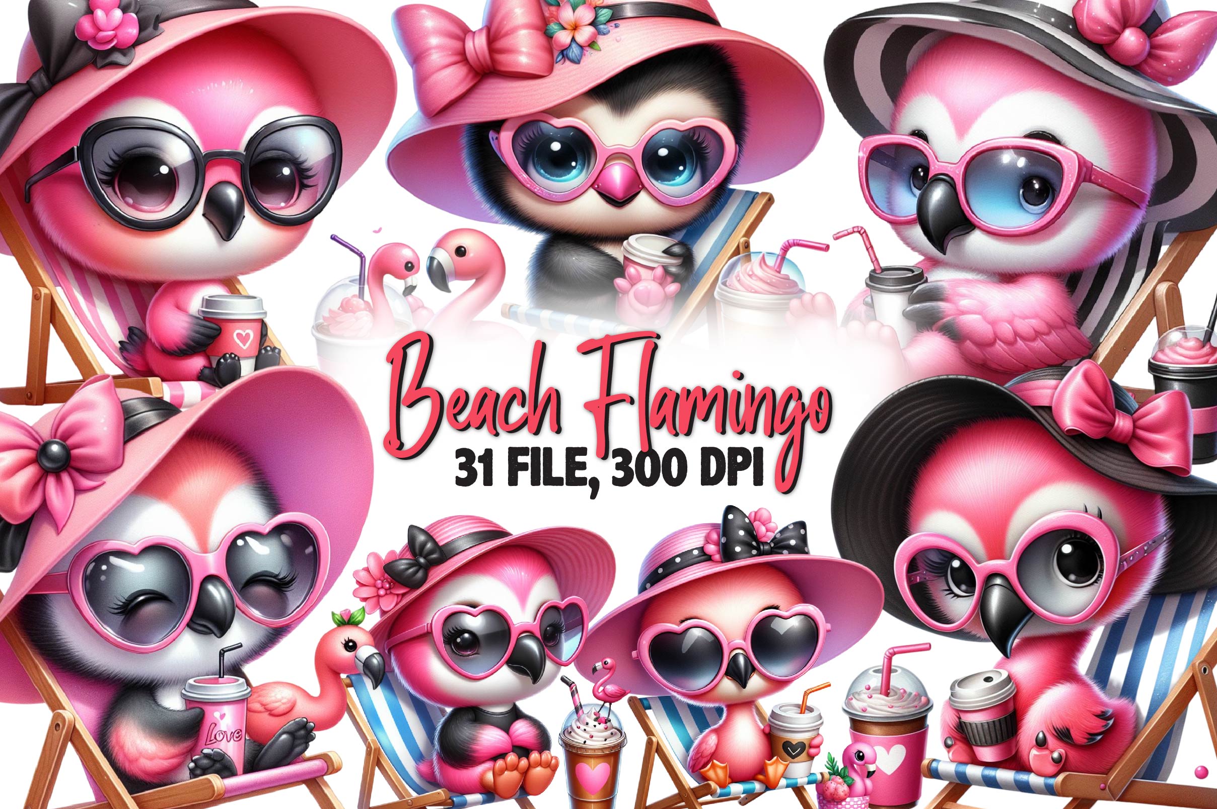 Chic Beach Flamingo Clipart Bundle