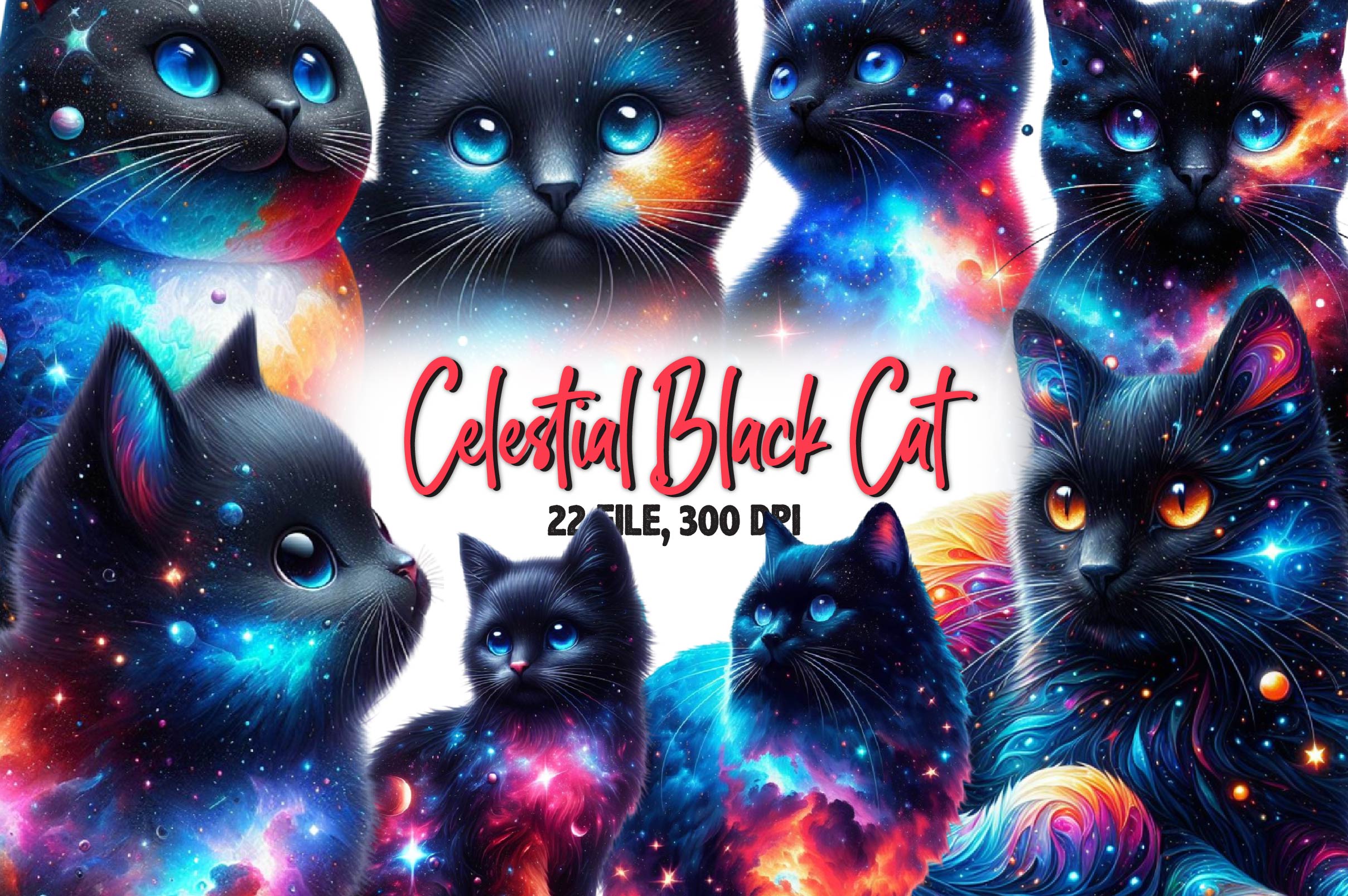 Celestial Black Cat Magic Cat Clipart Bundle
