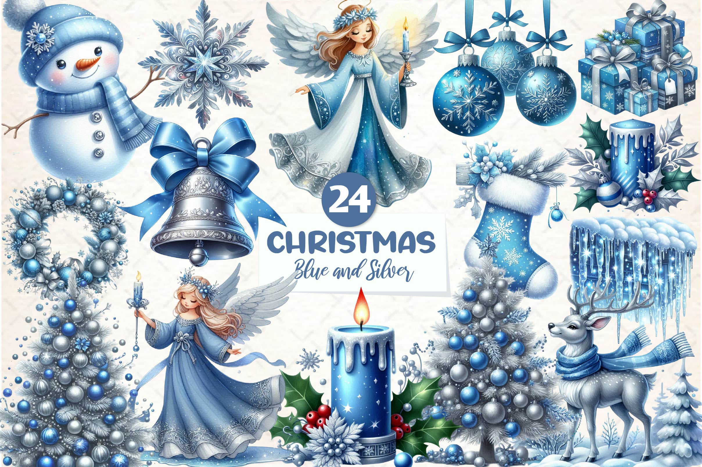 Blue And Silver Christmas Clipart Bundle