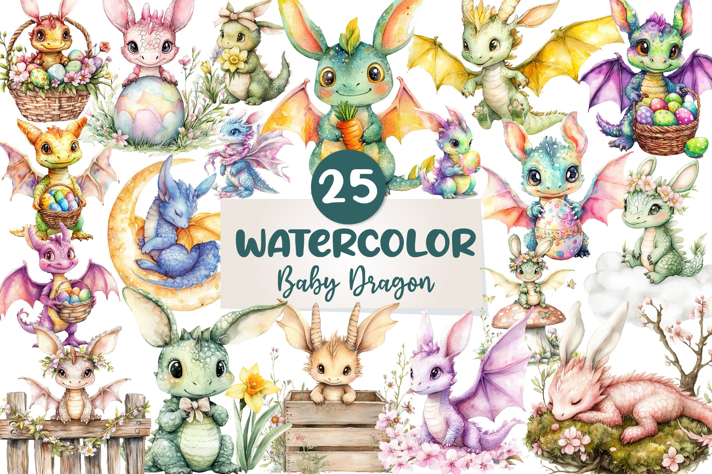 Baby Dragon With Bunny Ears Clipart Bundle