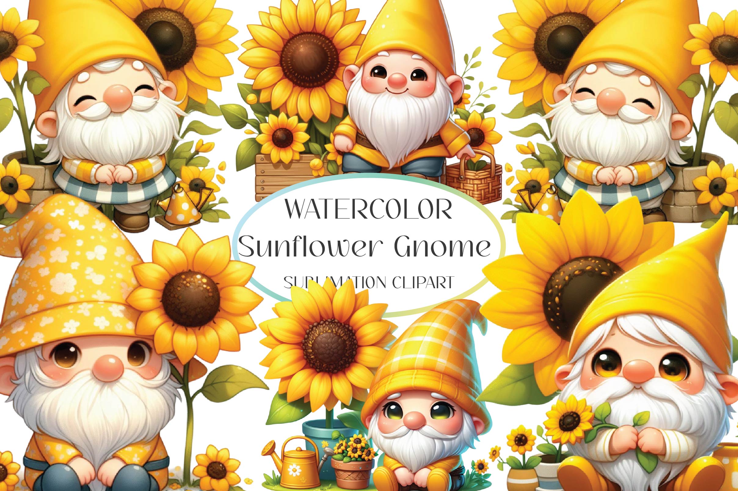 Cute Sunflower Gnome Clipart Bundle