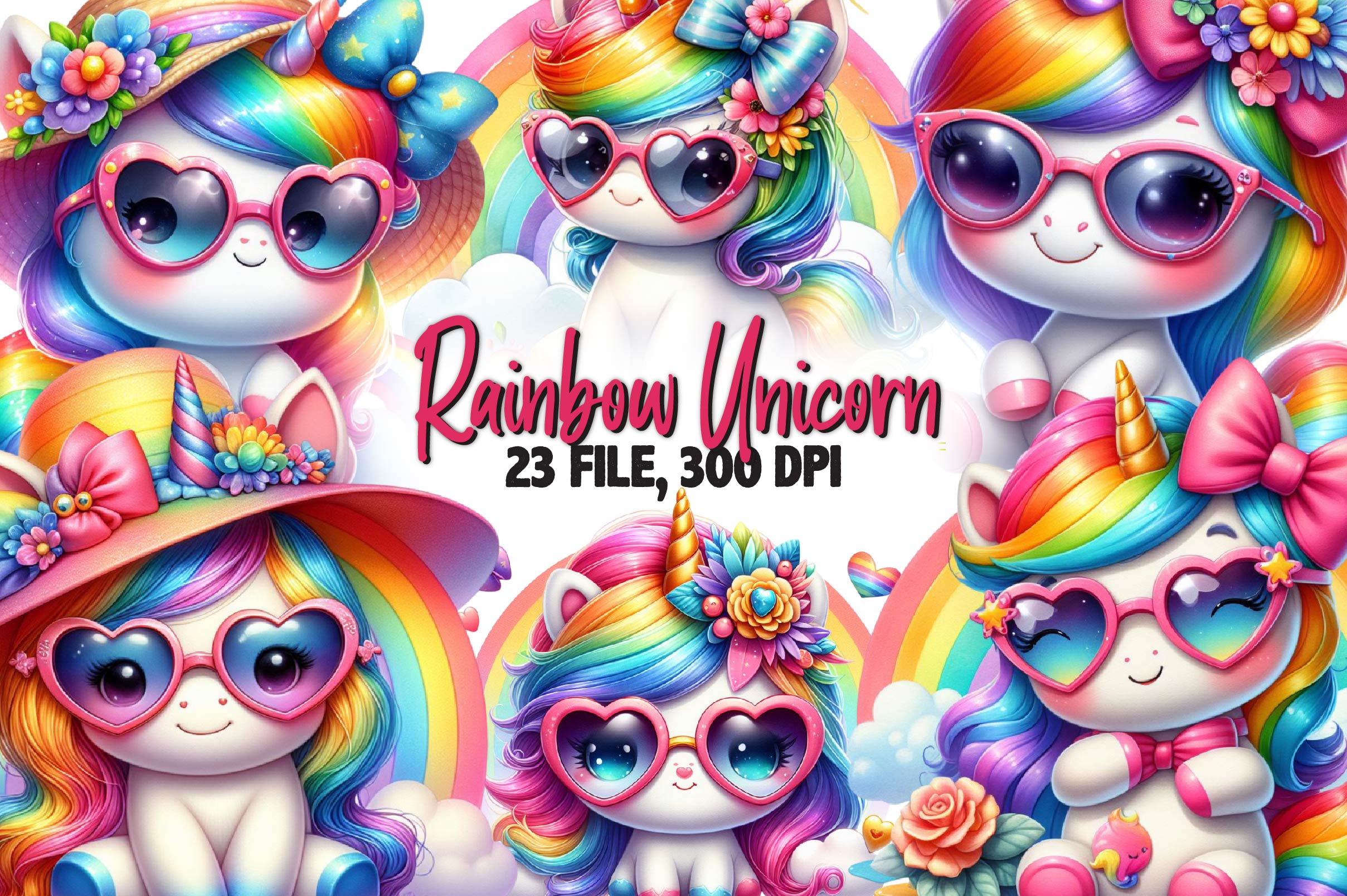 Cute Rainbow Unicorn Clipart Bundle