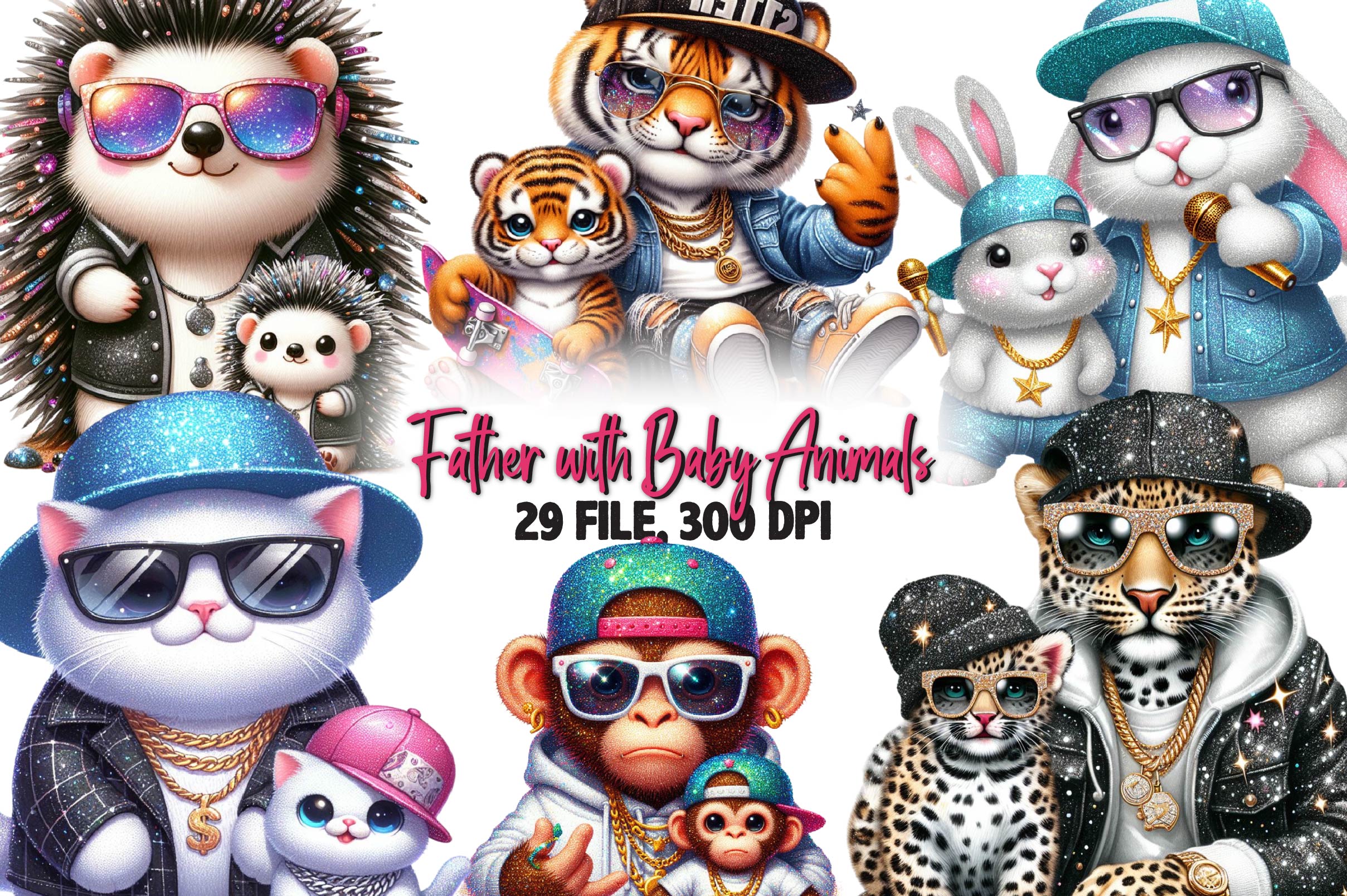 Father With Baby Animals Clipart Bundle