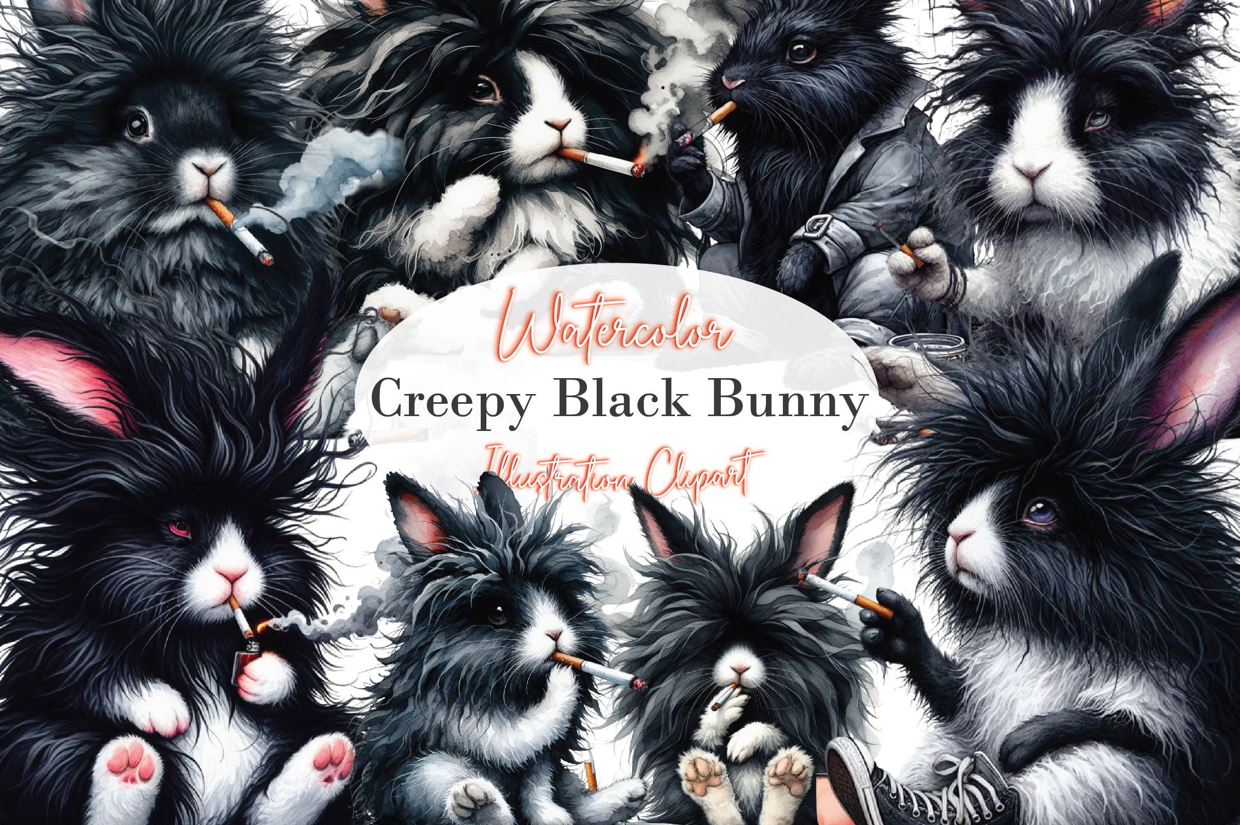 Creepy Black Bunny Clipart Bundle