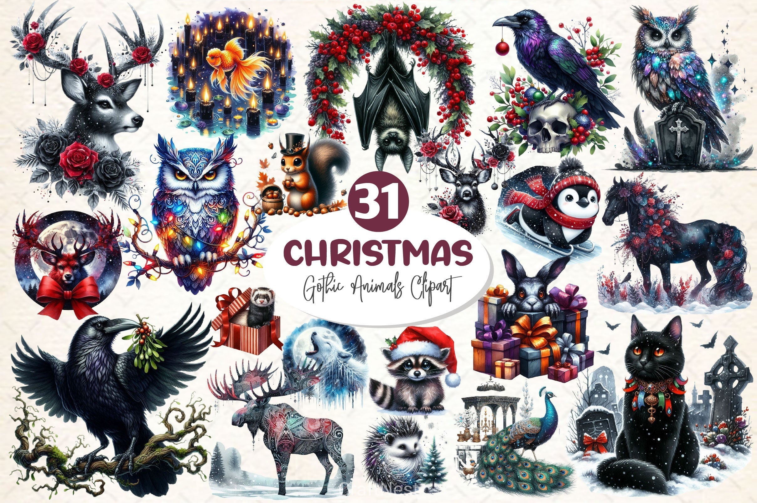 Christmas Gothic Animals Clipart Bundle 2