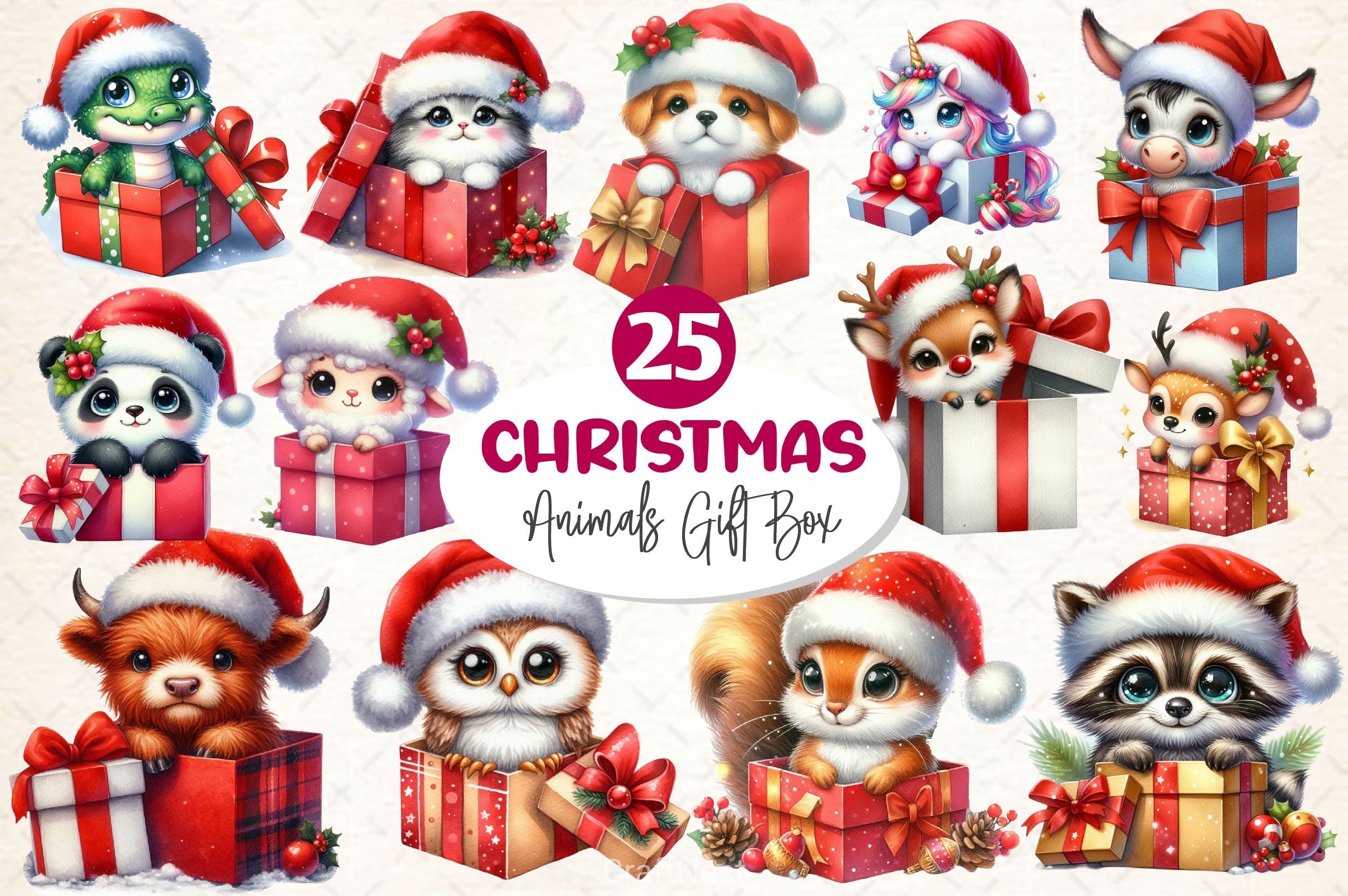 Christmas Animals Gift Box Clipart Bundle