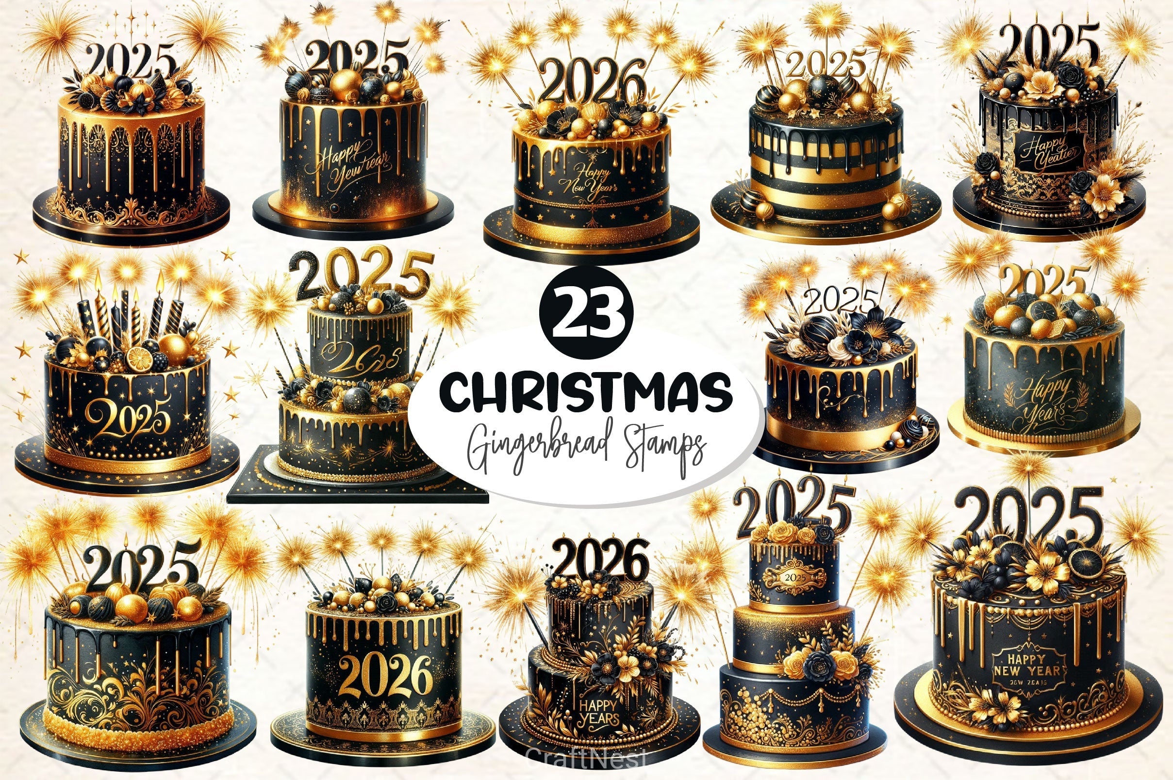Happy New Year Cake Clipart Bundle